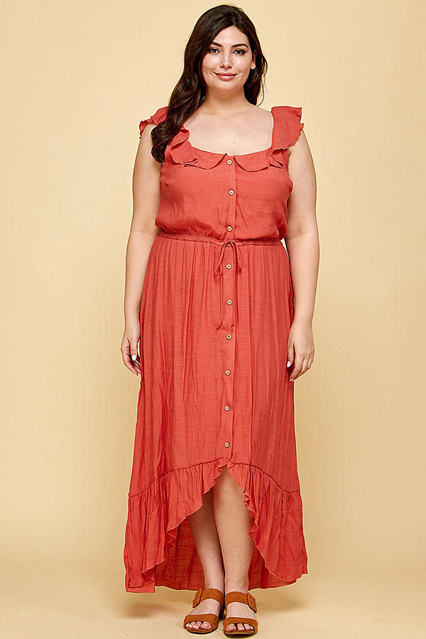 PLUS SIZE BUTTON FRONT RUFFLE HI-LOW MAXI DRESS