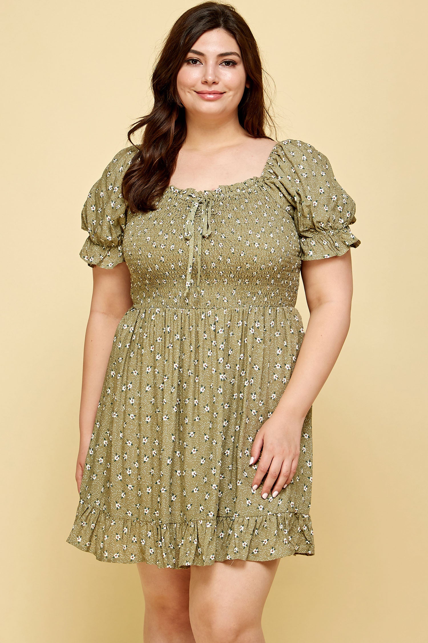 PLUS SIZE FLORAL BABYDOLL DRESS IN OLIVE GREEN – Winslow Collection