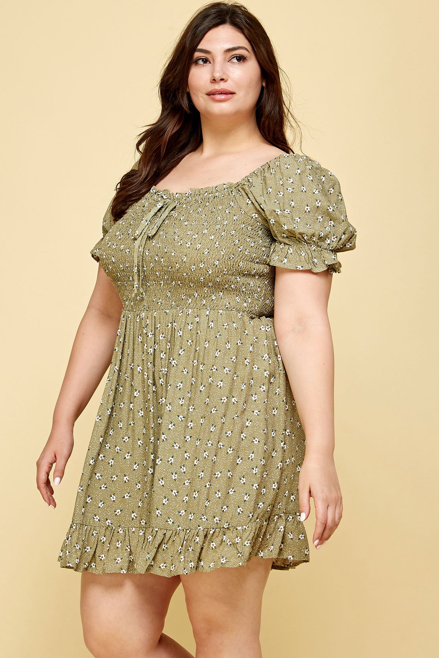 PLUS SIZE FLORAL BABYDOLL DRESS IN OLIVE GREEN