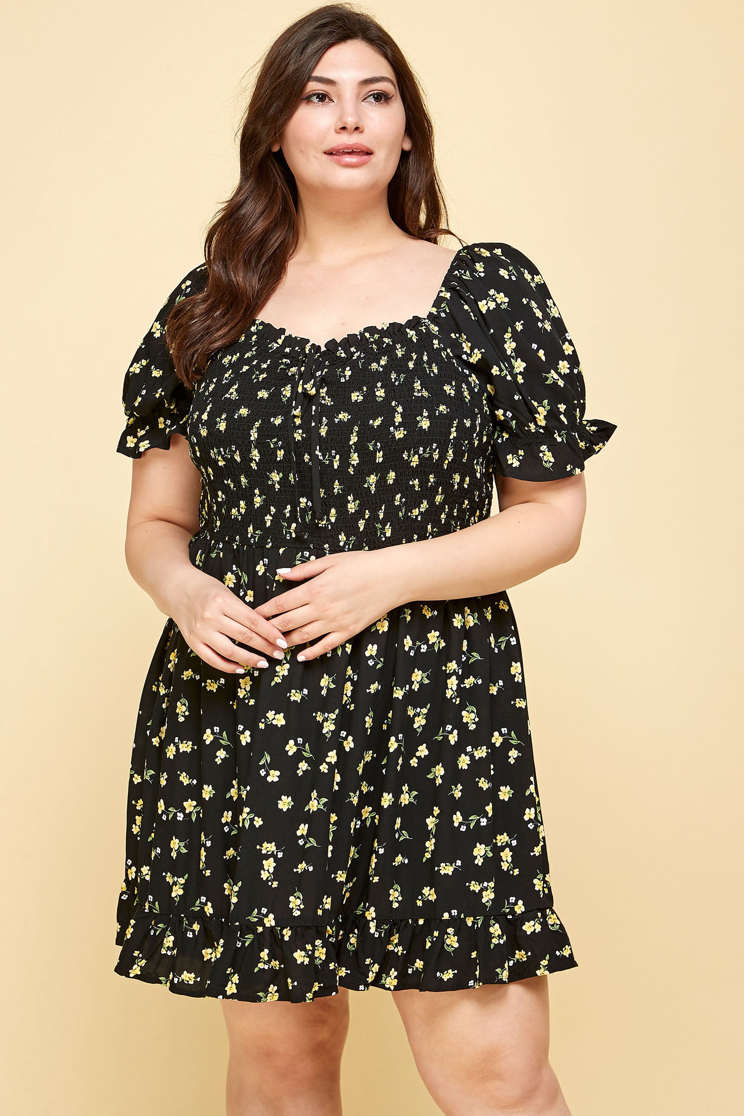 PLUS SIZE FLORAL BABYDOLL DRESS IN BLACK WITH YELLOW FLOWERS Winslow Collection PLUS SIZE FLORAL BABYDOLL DRESS IN BLACK WITH YELLOW FLOWERS Winslow Collection