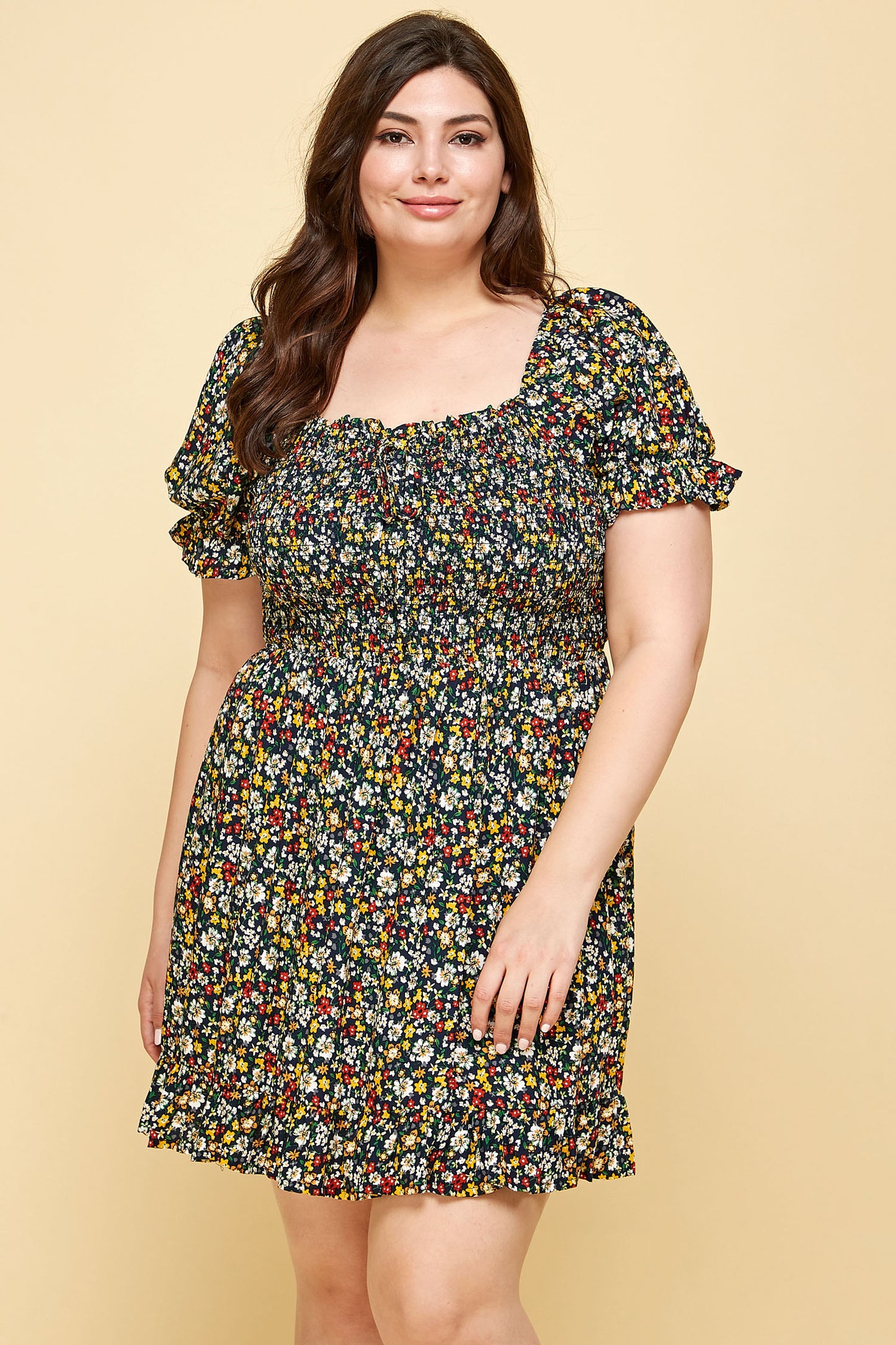 PLUS SIZE FLORAL BABYDOLL DRESS WITH MULTI COLORED FLOWERS