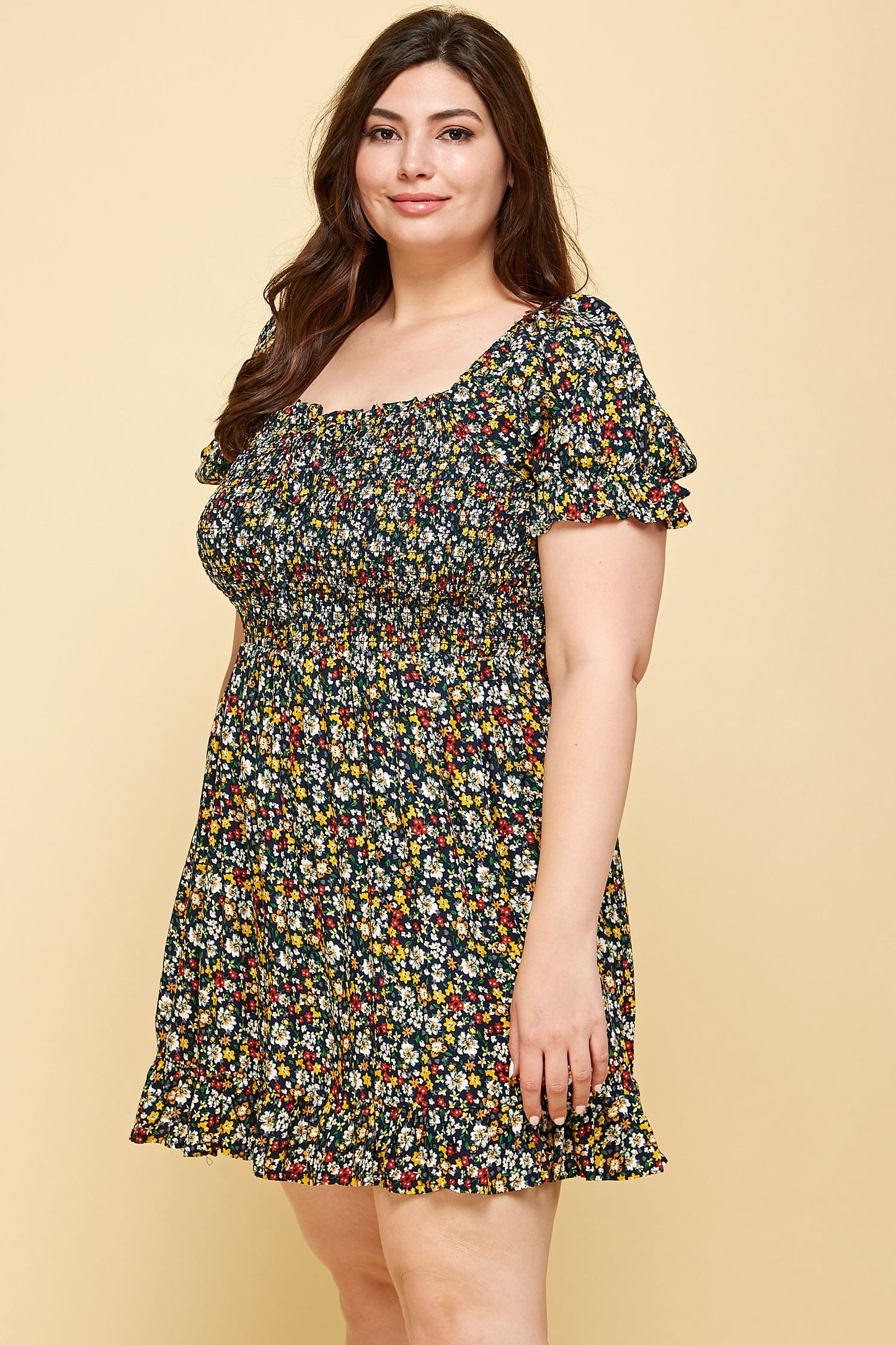 PLUS SIZE FLORAL BABYDOLL DRESS WITH MULTI COLORED FLOWERS
