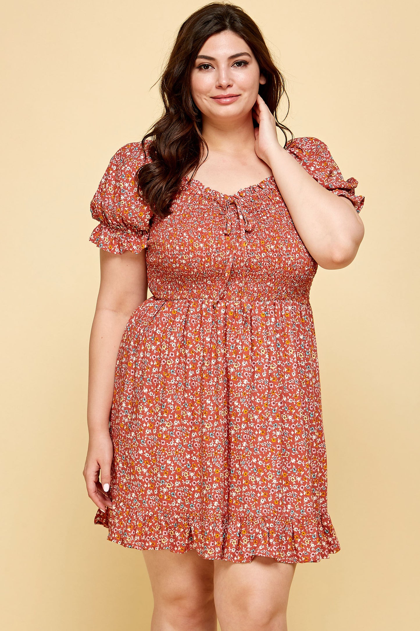 PLUS SIZE FLORAL BABYDOLL DRESS IN RUST