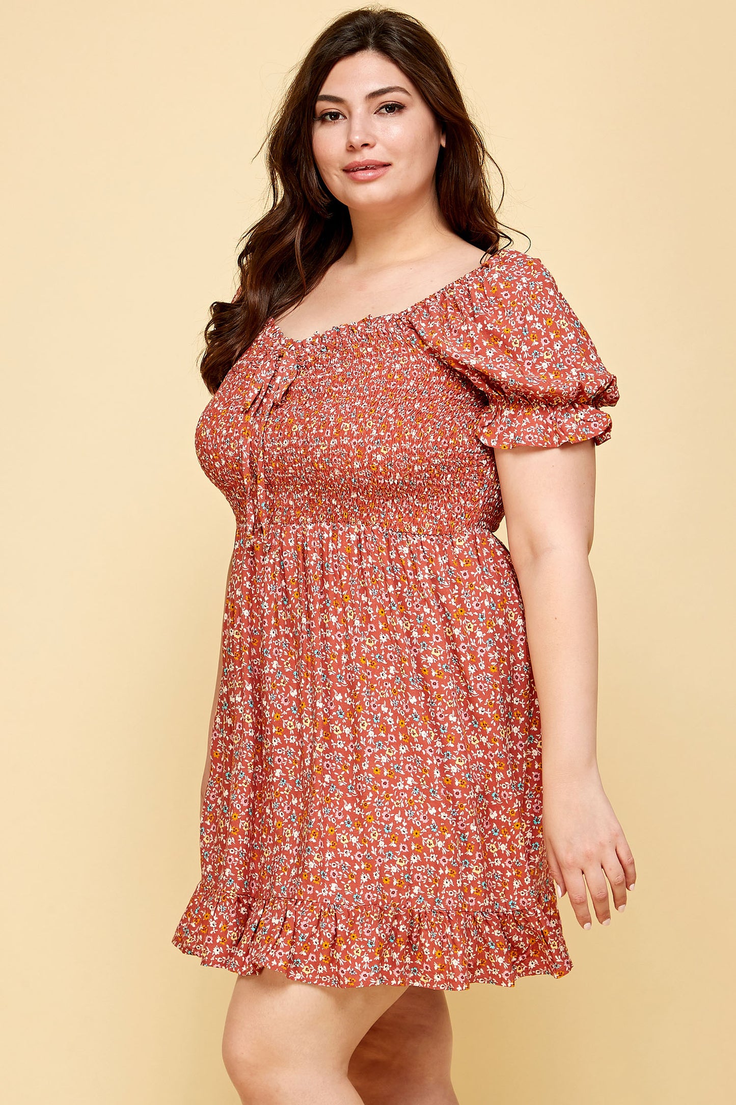 PLUS SIZE FLORAL BABYDOLL DRESS IN RUST