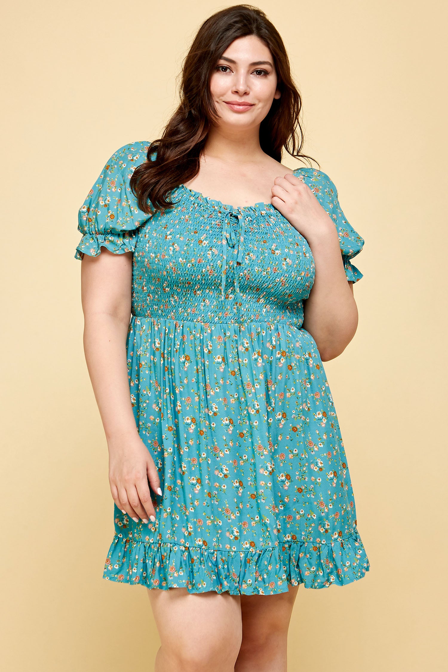 PLUS SIZE FLORAL BABYDOLL DRESS IN TEAL Winslow Collection PLUS SIZE FLORAL BABYDOLL DRESS IN TEAL Winslow Collection