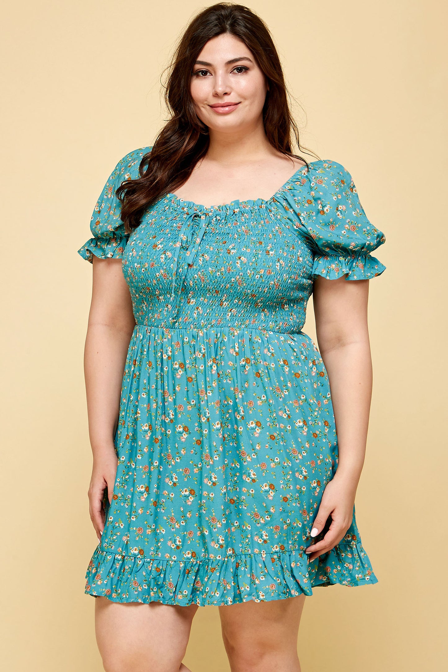 PLUS SIZE FLORAL BABYDOLL DRESS IN TEAL