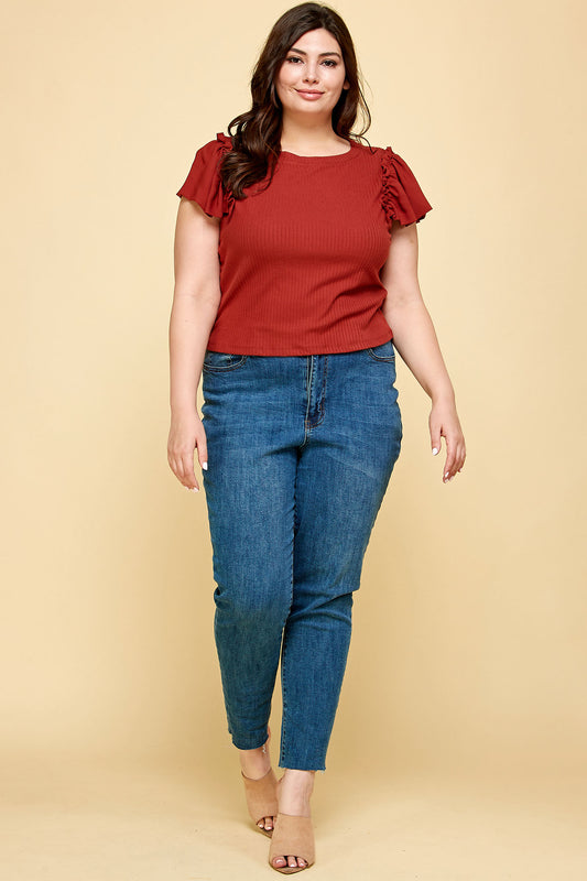 PLUS SIZE RIBBED SHORT SLEEVE TOP
