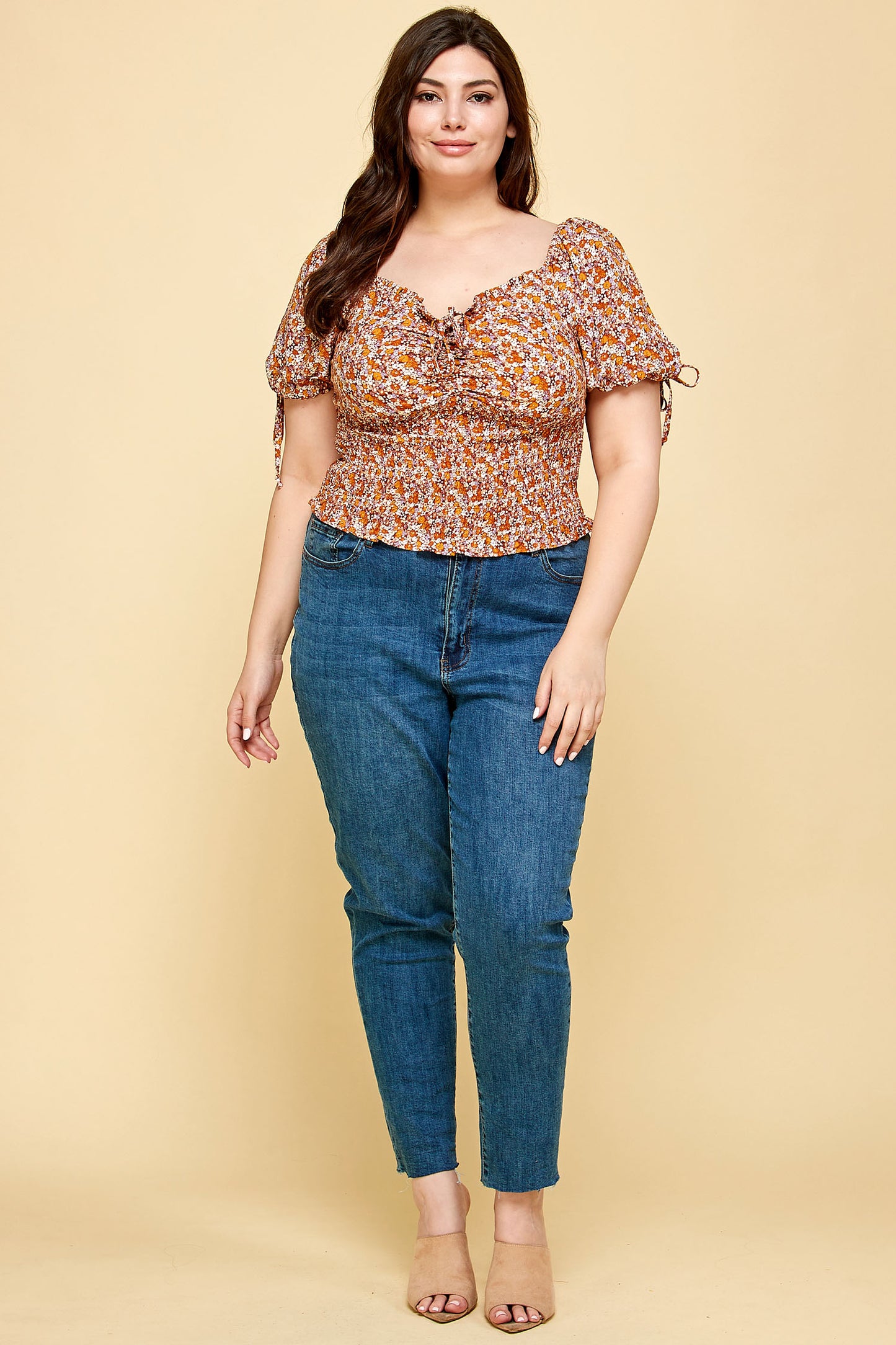 V-NECK PLUS SIZE SMOCKED FLORAL TOP