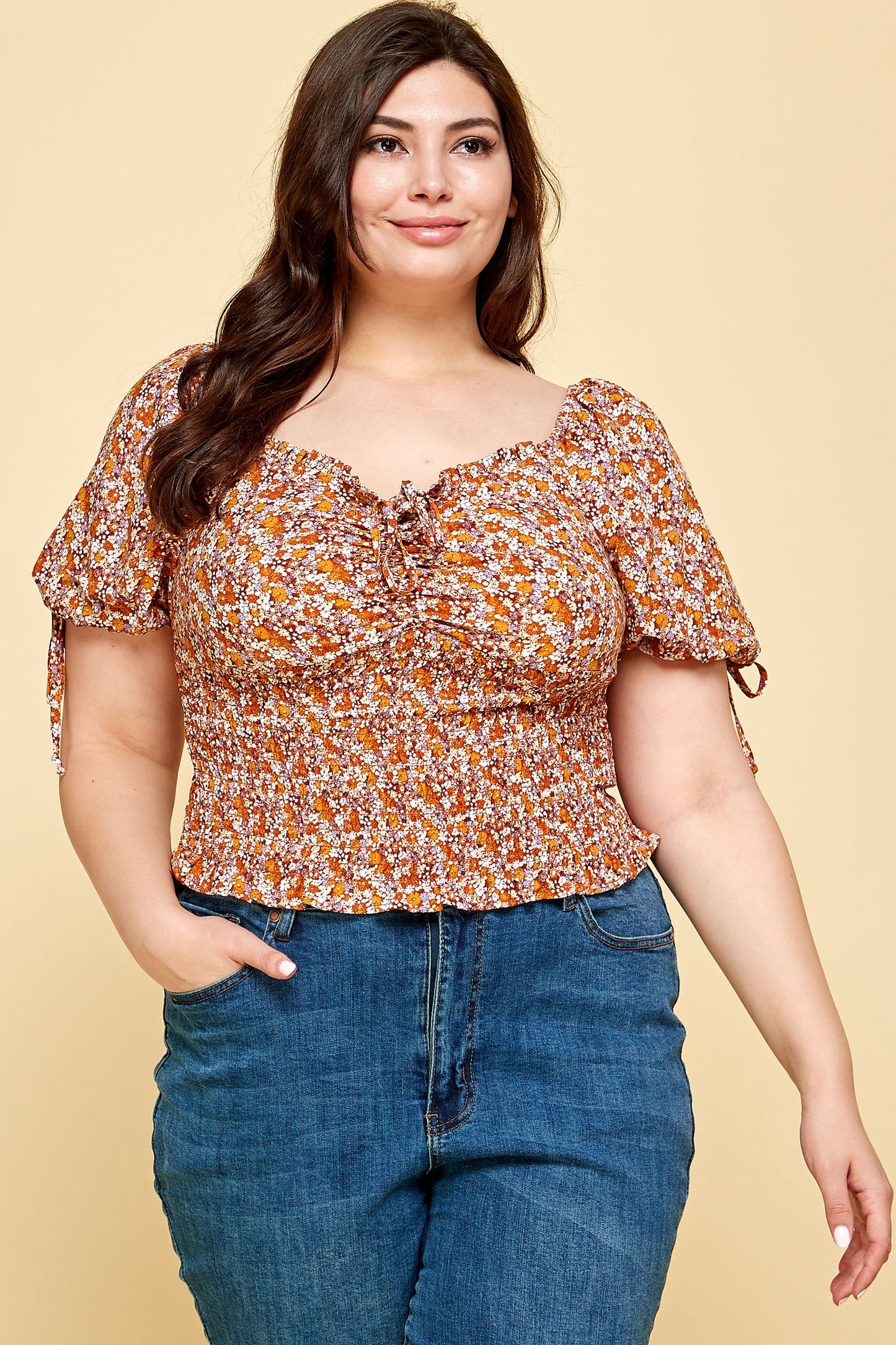 V-NECK PLUS SIZE SMOCKED FLORAL TOP