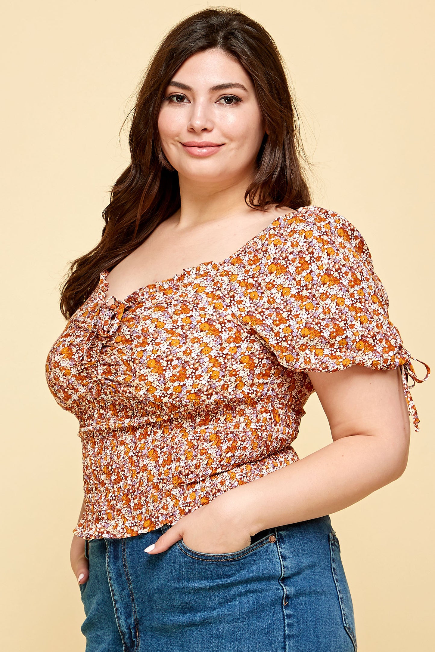 V-NECK PLUS SIZE SMOCKED FLORAL TOP