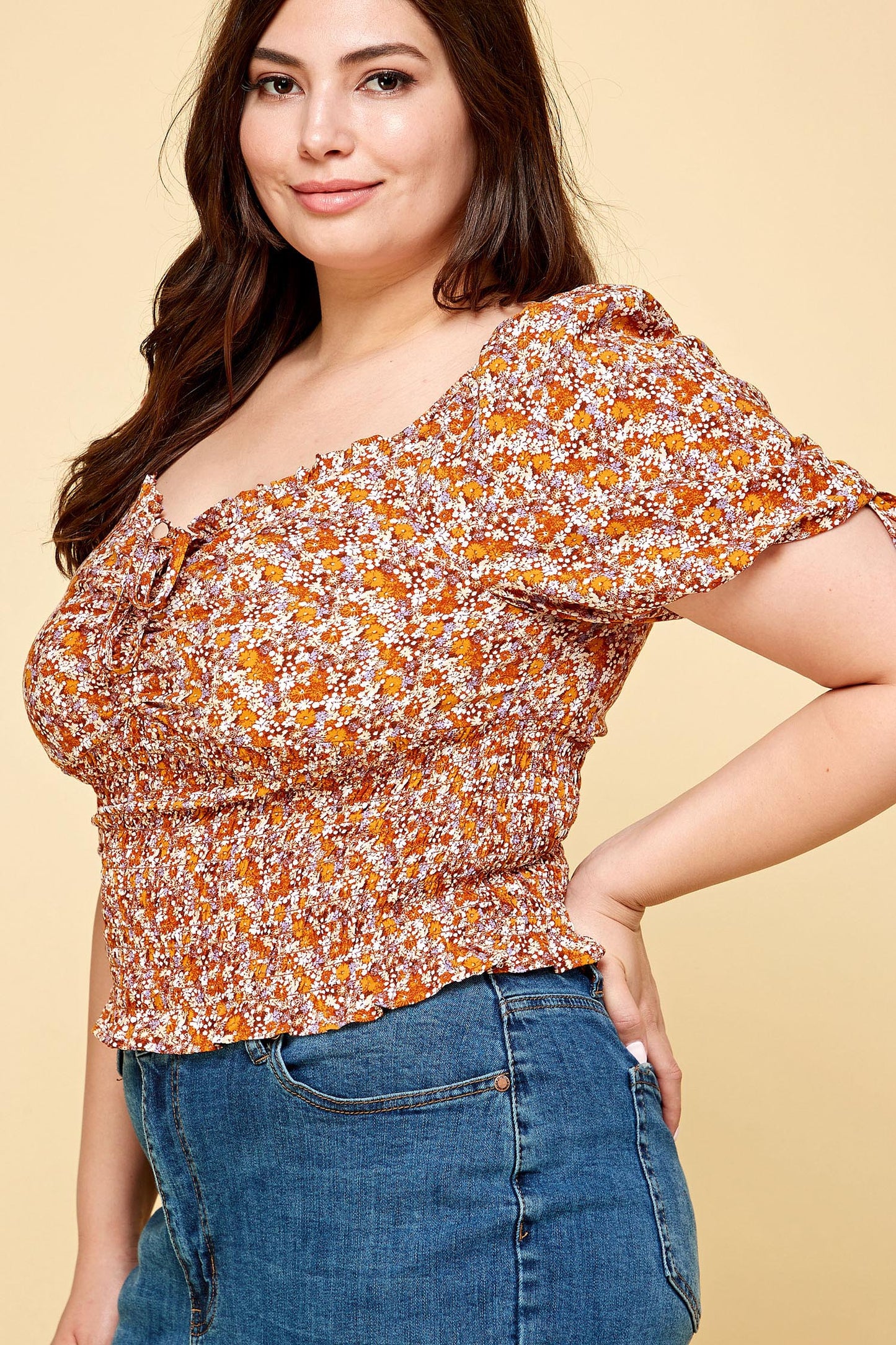 V-NECK PLUS SIZE SMOCKED FLORAL TOP