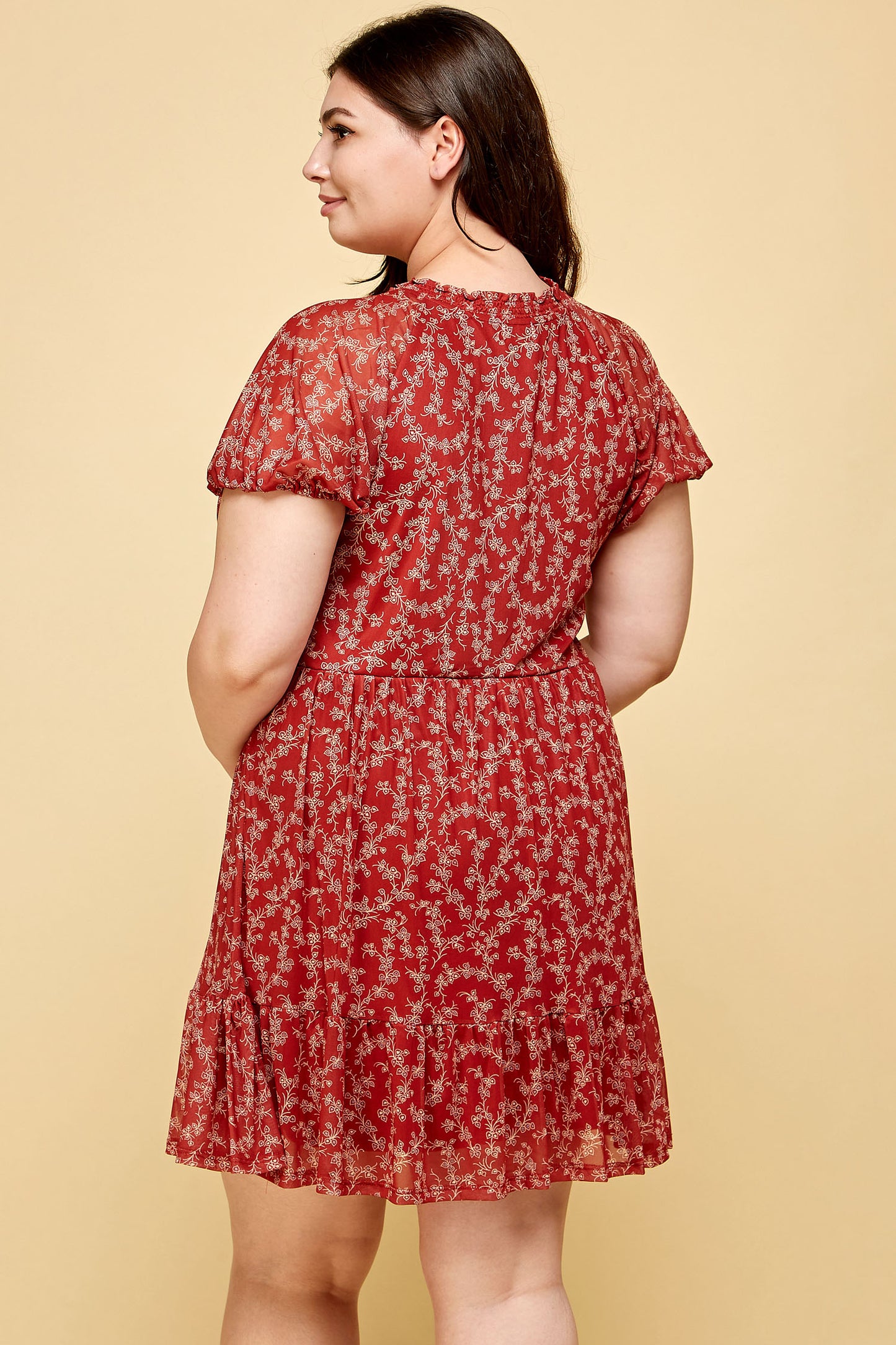 PLUS SIZE FLORAL RED MESH DRESS