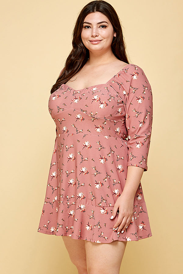 PINK FLORAL PLUS SIZE SKATER DRESS