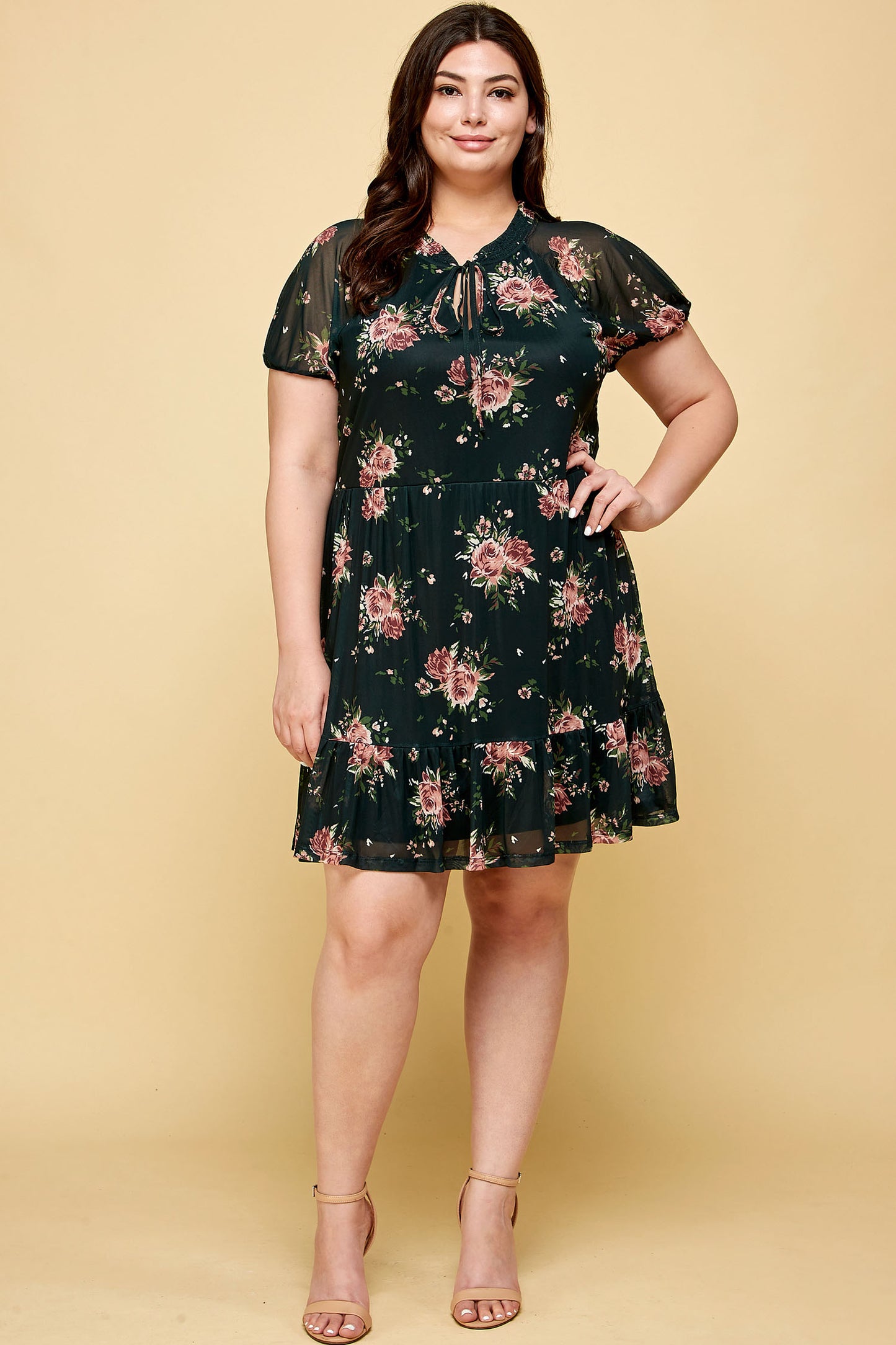 PLUS SIZE FLORAL BLACK MESH DRESS