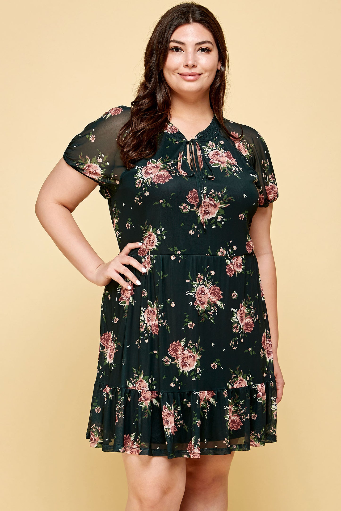 PLUS SIZE FLORAL BLACK MESH DRESS