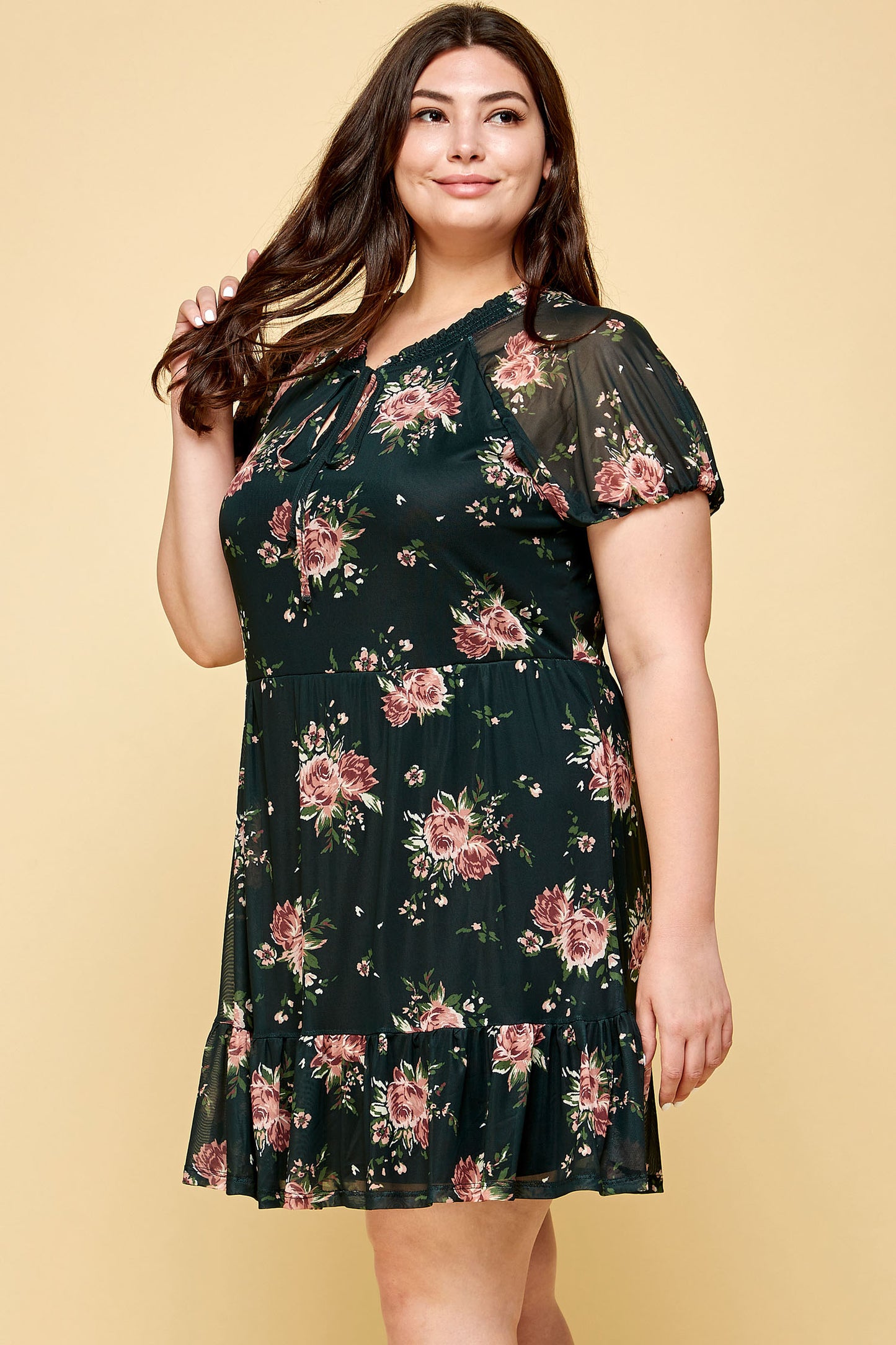 PLUS SIZE FLORAL BLACK MESH DRESS