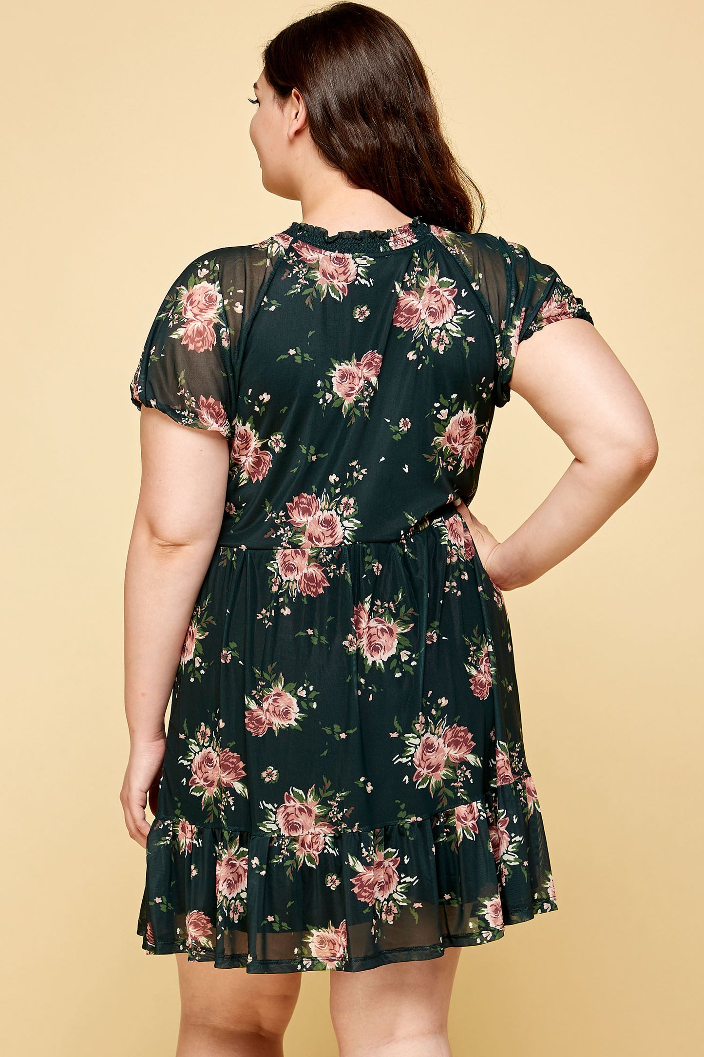 PLUS SIZE FLORAL BLACK MESH DRESS