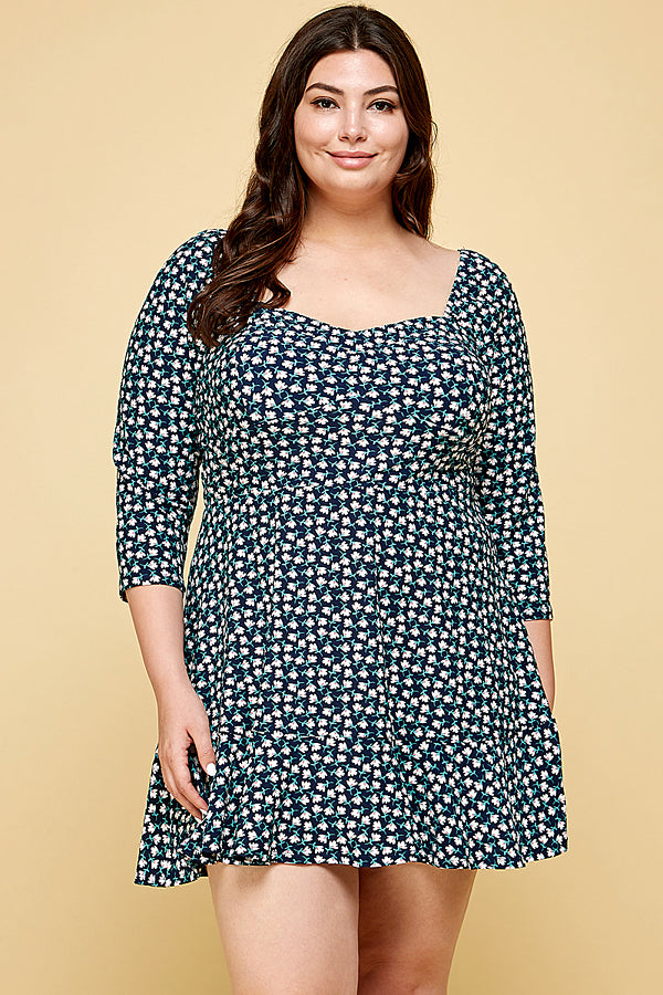 NAVY FLORAL PLUS SIZE SKATER DRESS