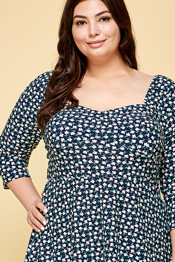 NAVY FLORAL PLUS SIZE SKATER DRESS