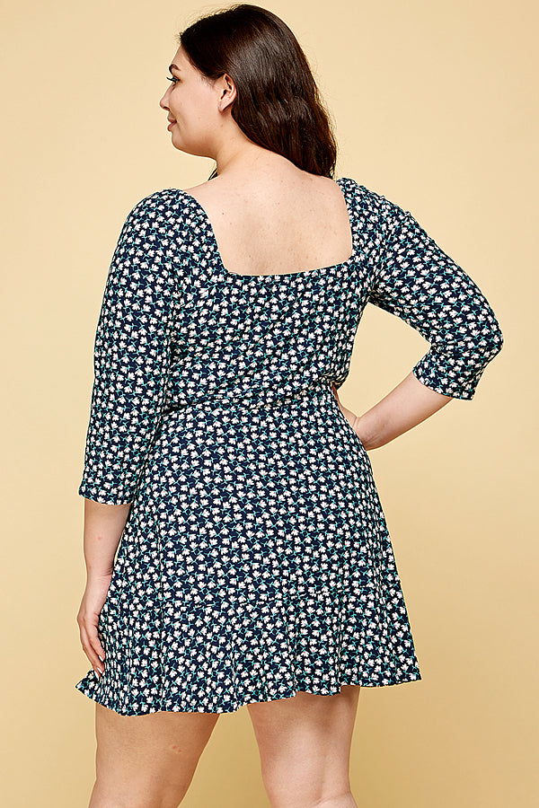 NAVY FLORAL PLUS SIZE SKATER DRESS