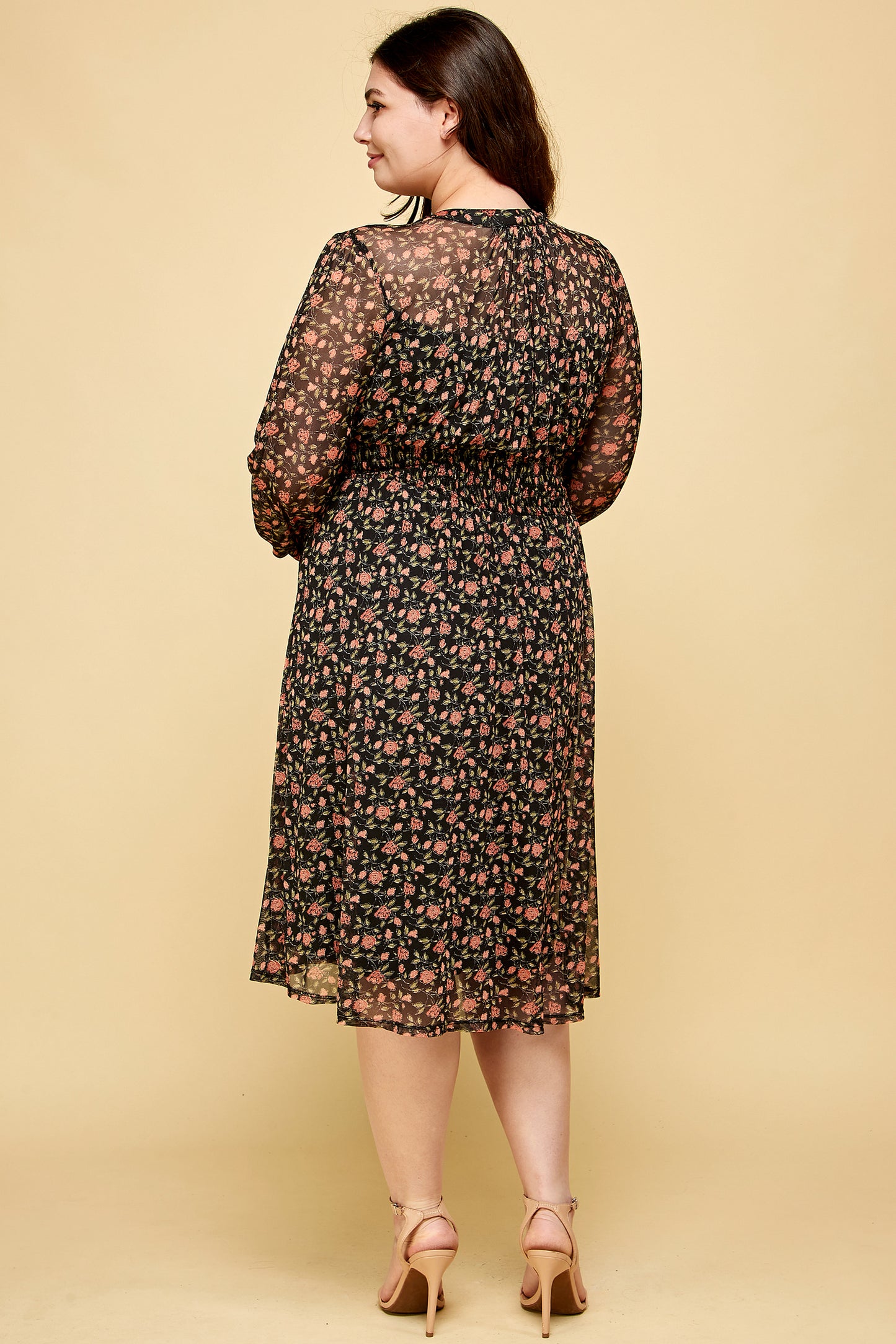 PLUS SIZE RED FLORAL LONG SLEEVE MESH MIDI DRESS