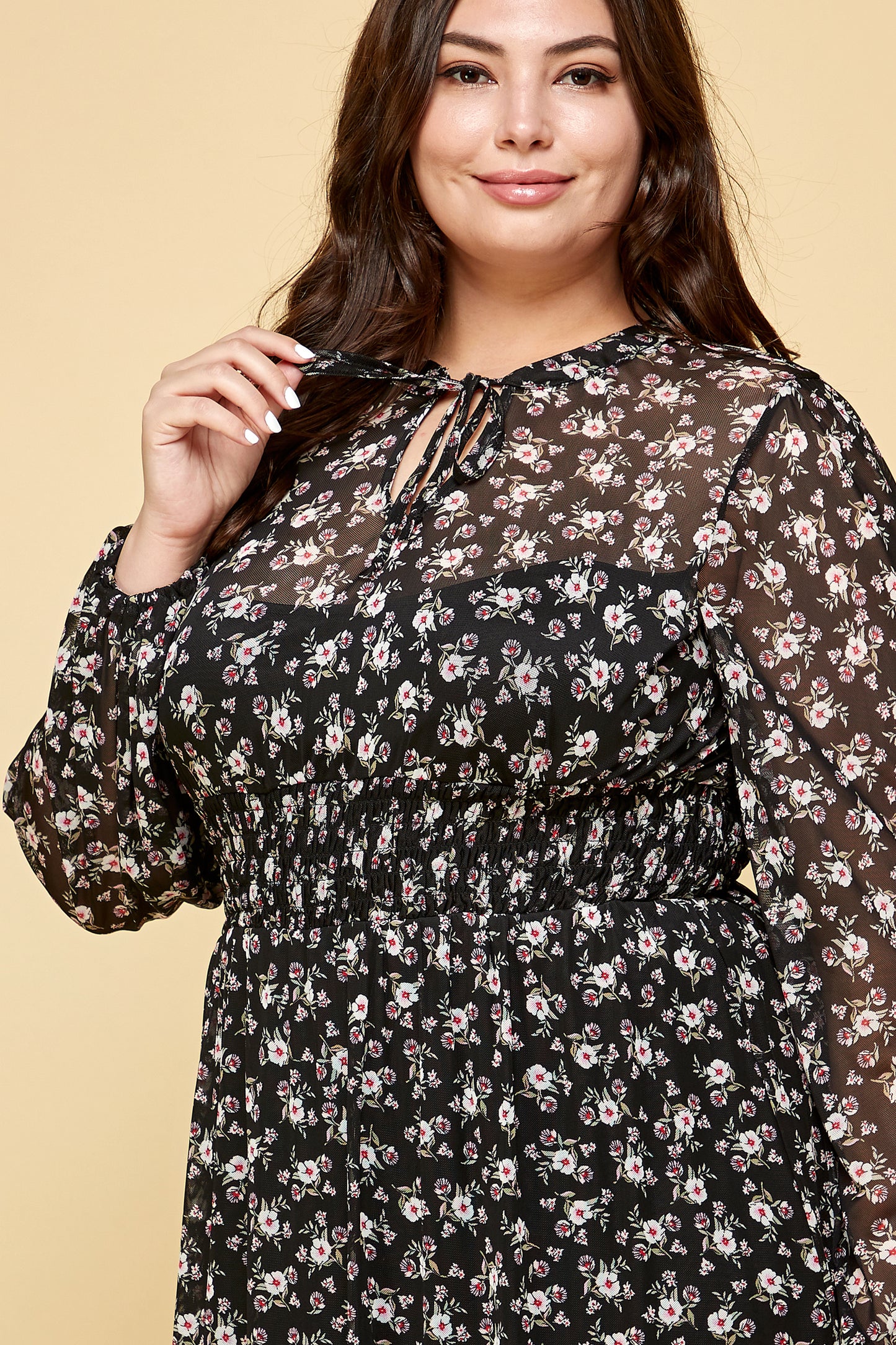 PLUS SIZE WHITE FLORAL LONG SLEEVE MESH MIDI DRESS