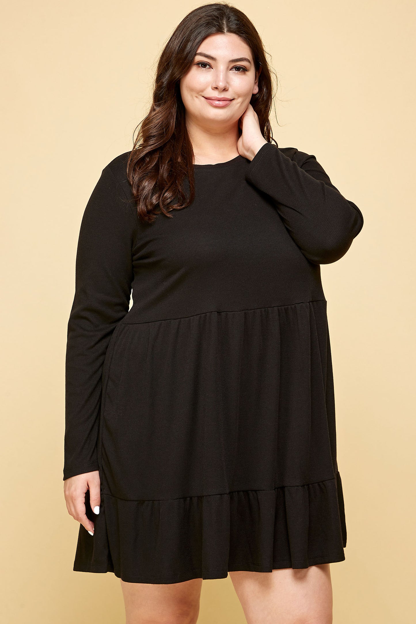 LONG SLEEVE RIBBED BABYDOLL DRESS