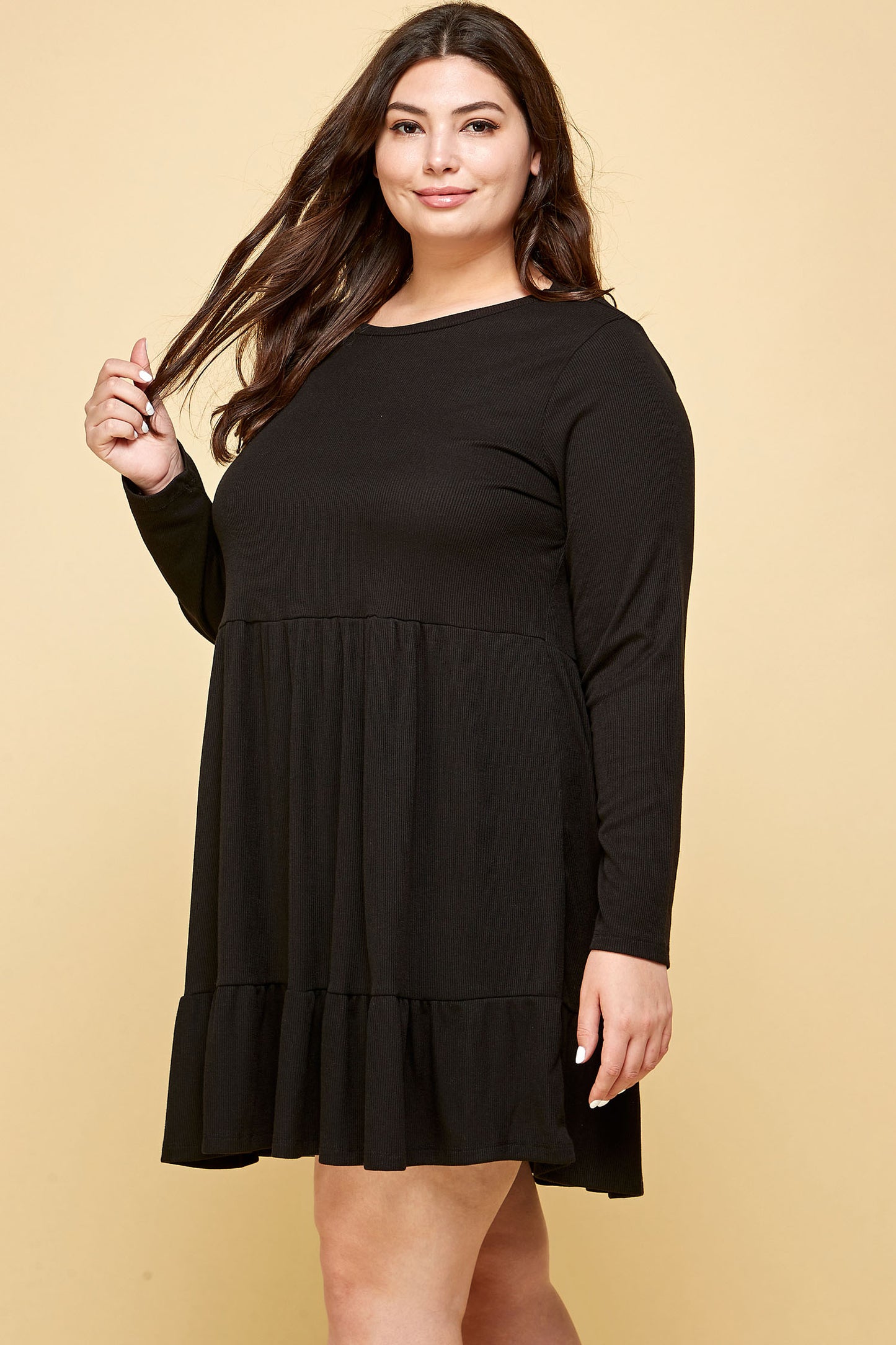 LONG SLEEVE RIBBED BABYDOLL DRESS