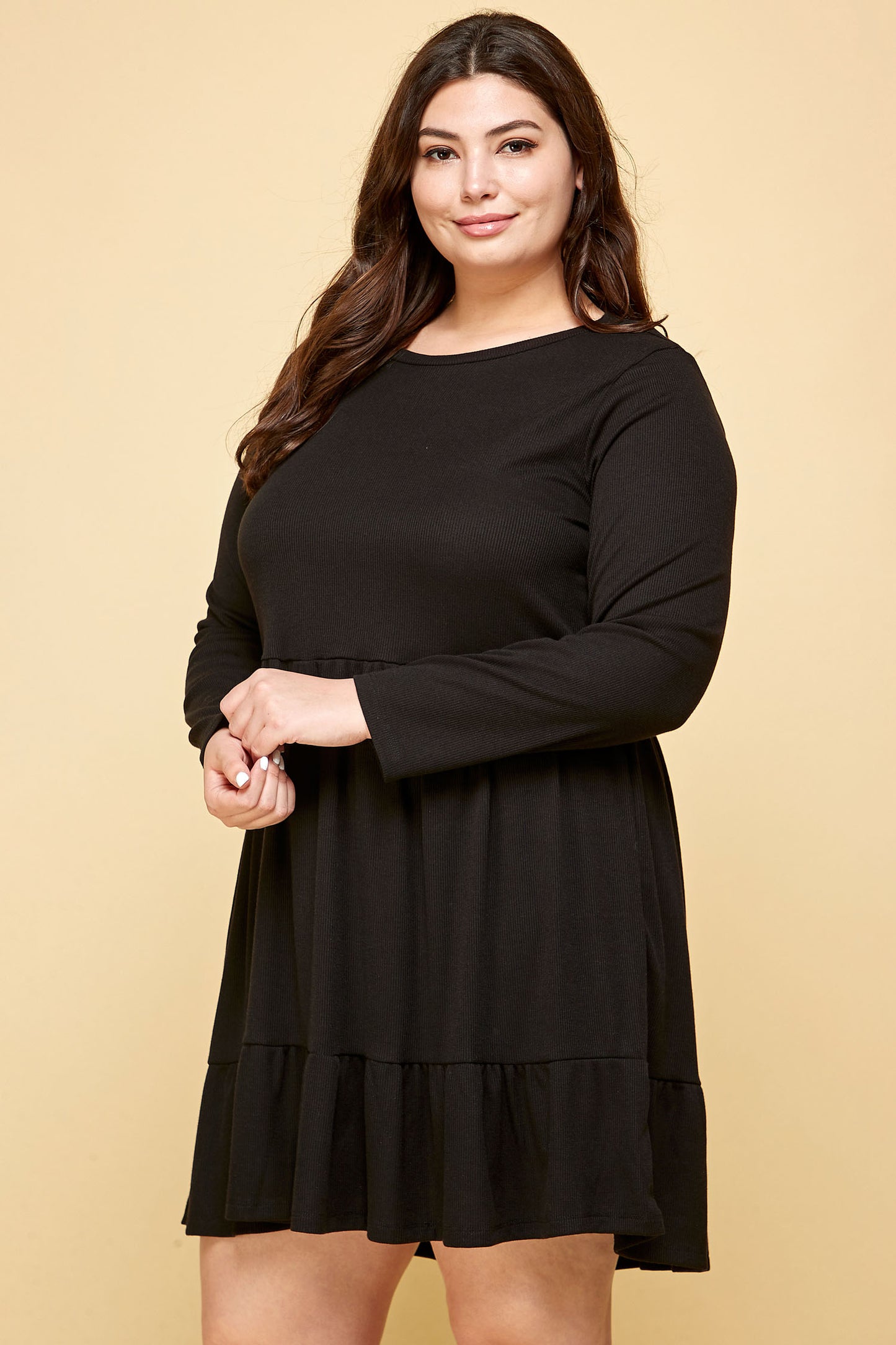 LONG SLEEVE RIBBED BABYDOLL DRESS