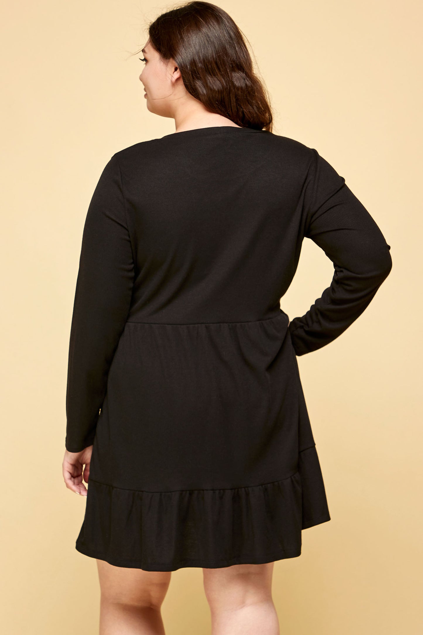 LONG SLEEVE RIBBED BABYDOLL DRESS