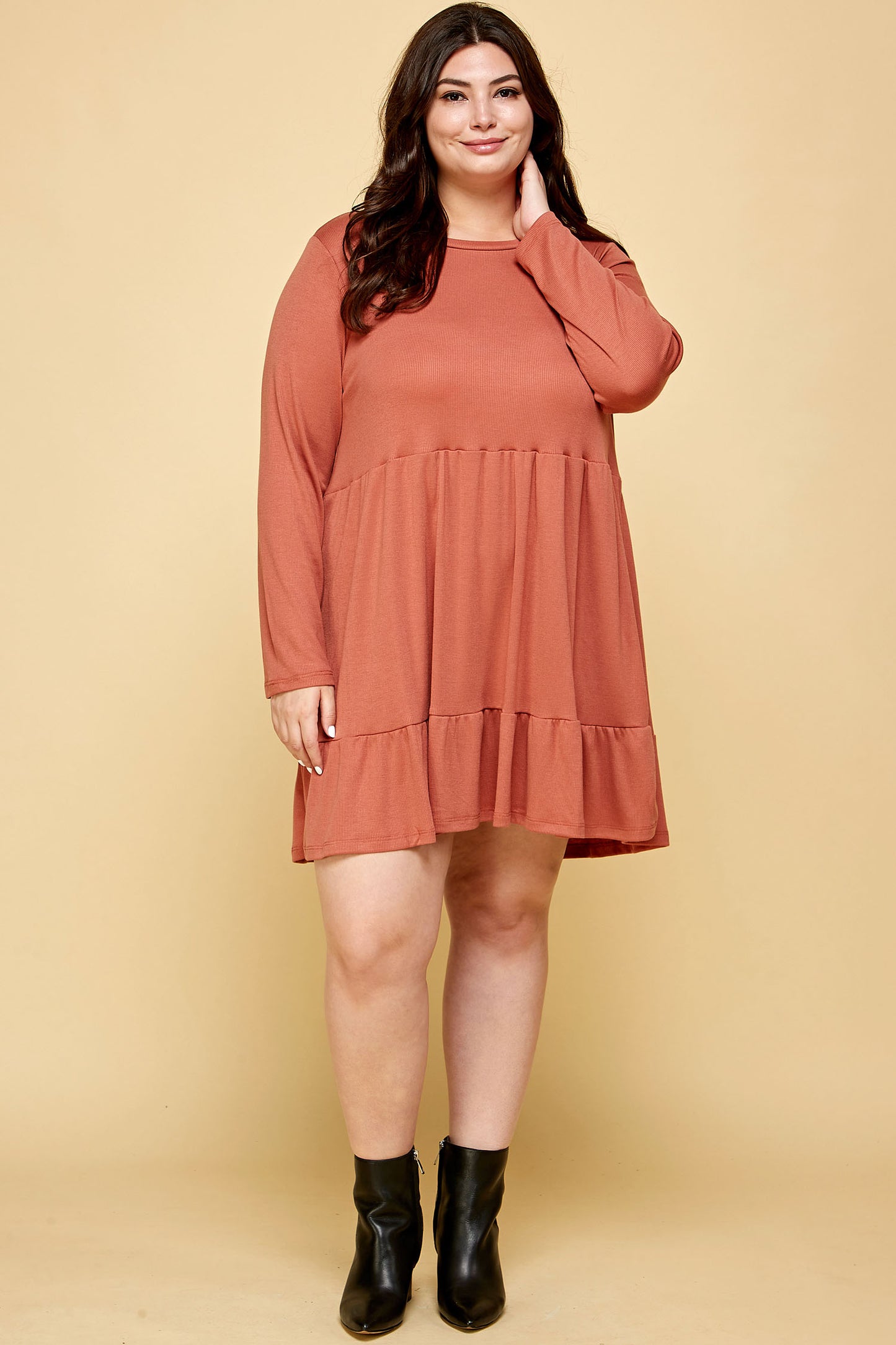 LONG SLEEVE RIBBED BABYDOLL DRESS