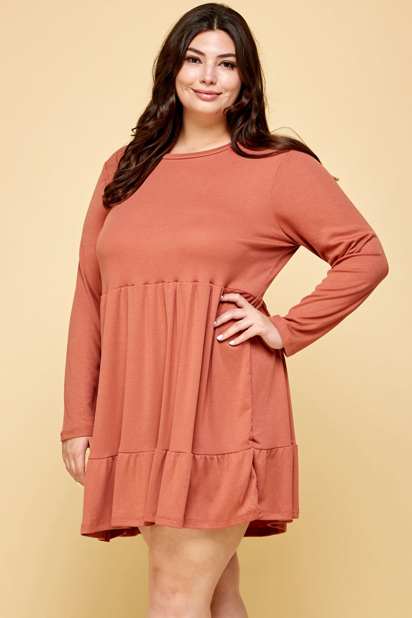 LONG SLEEVE RIBBED BABYDOLL DRESS