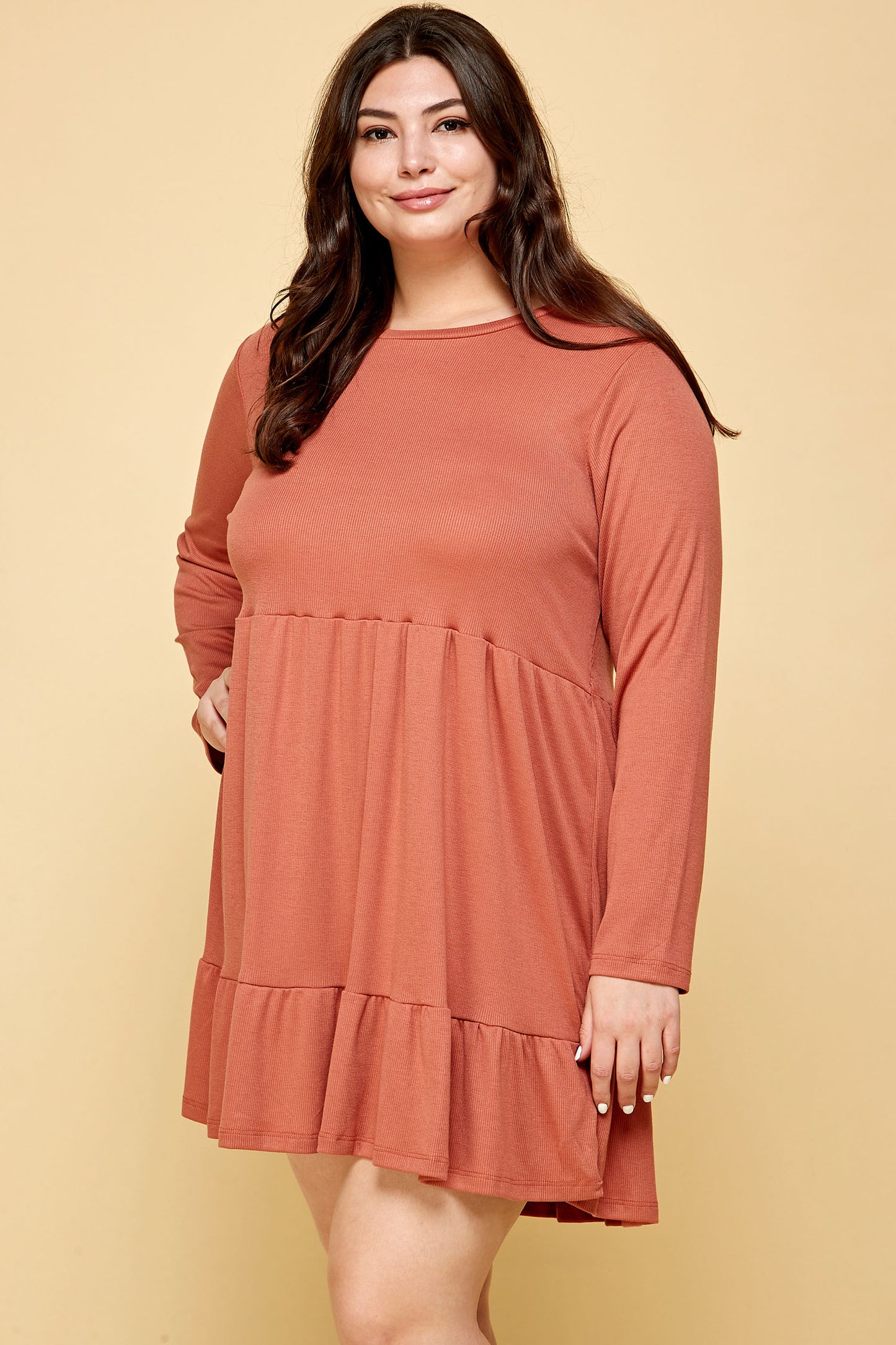 LONG SLEEVE RIBBED BABYDOLL DRESS