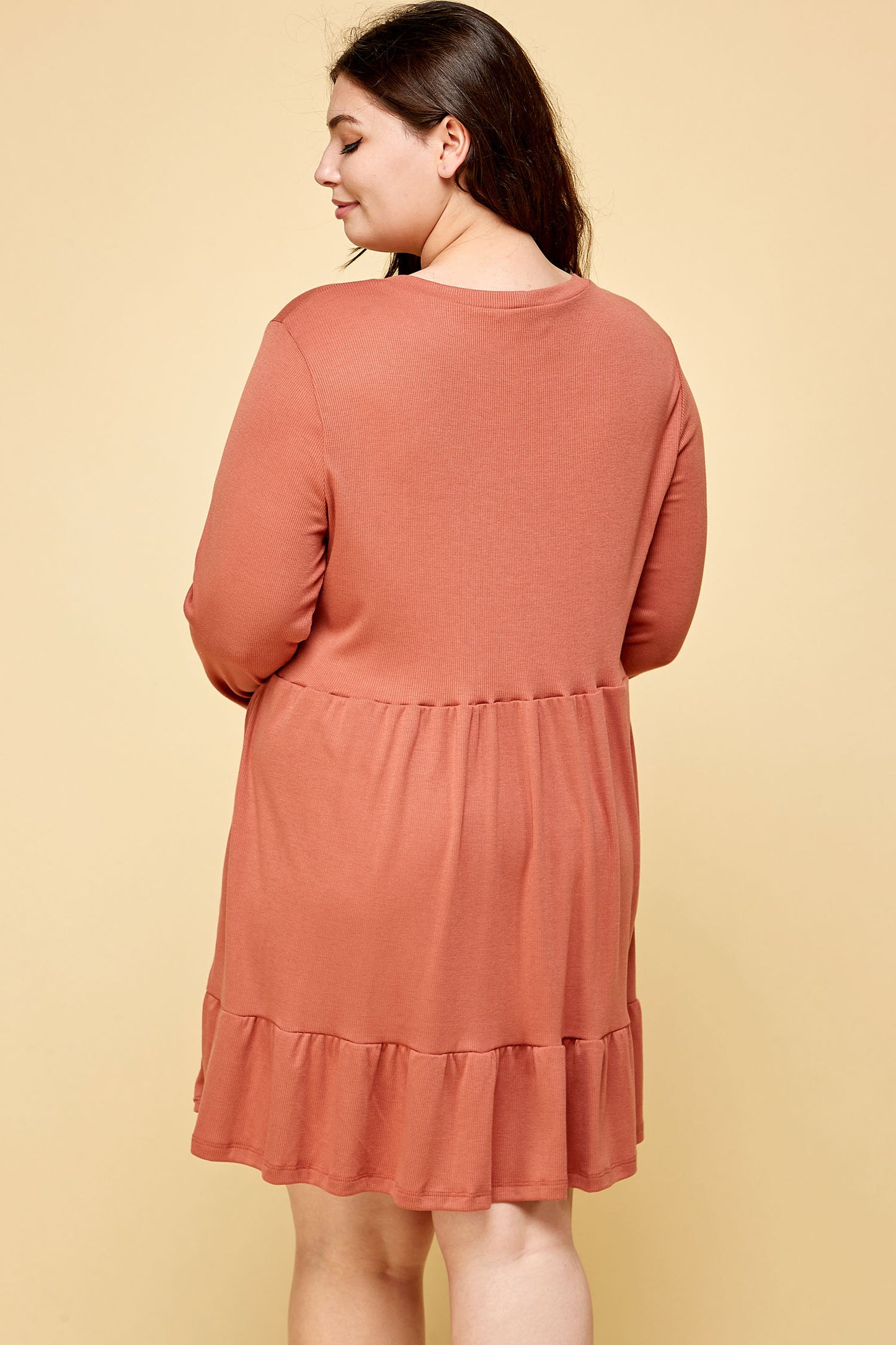 LONG SLEEVE RIBBED BABYDOLL DRESS