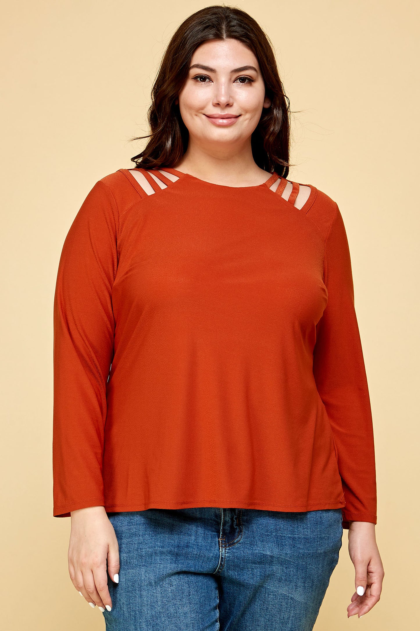 PLUS SIZE LONG SLEEVE CAGE SHOULDER TOP