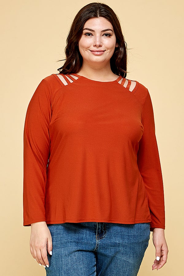 PLUS SIZE LONG SLEEVE BURGUNDY CAGE SHOULDER TOP