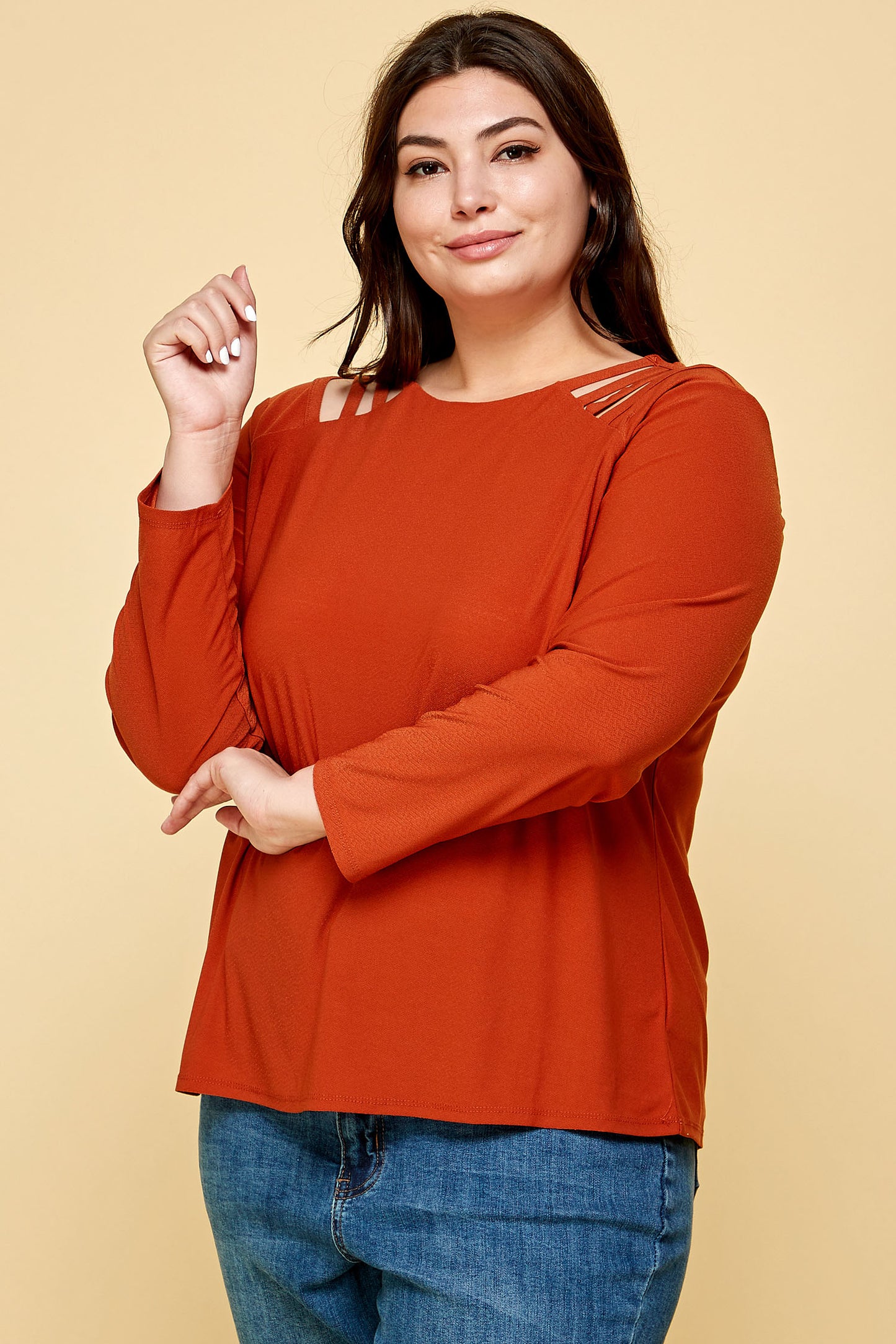 PLUS SIZE LONG SLEEVE CAGE SHOULDER TOP