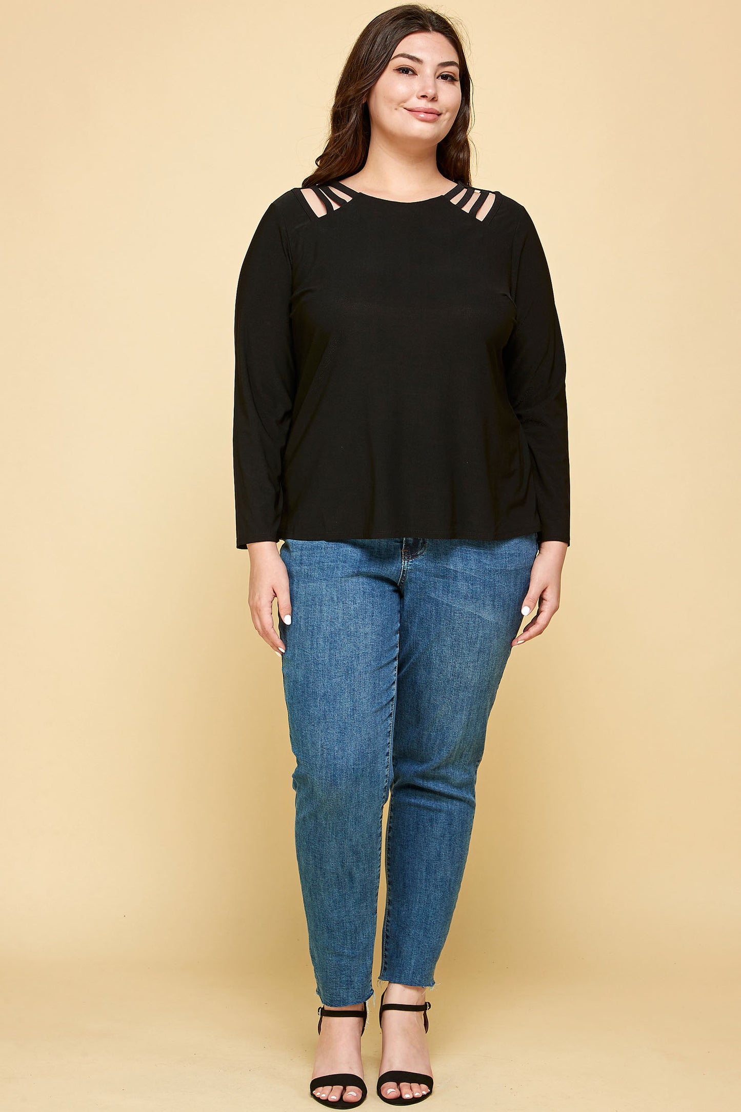 PLUS SIZE LONG SLEEVE BLACK CAGE SHOULDER TOP