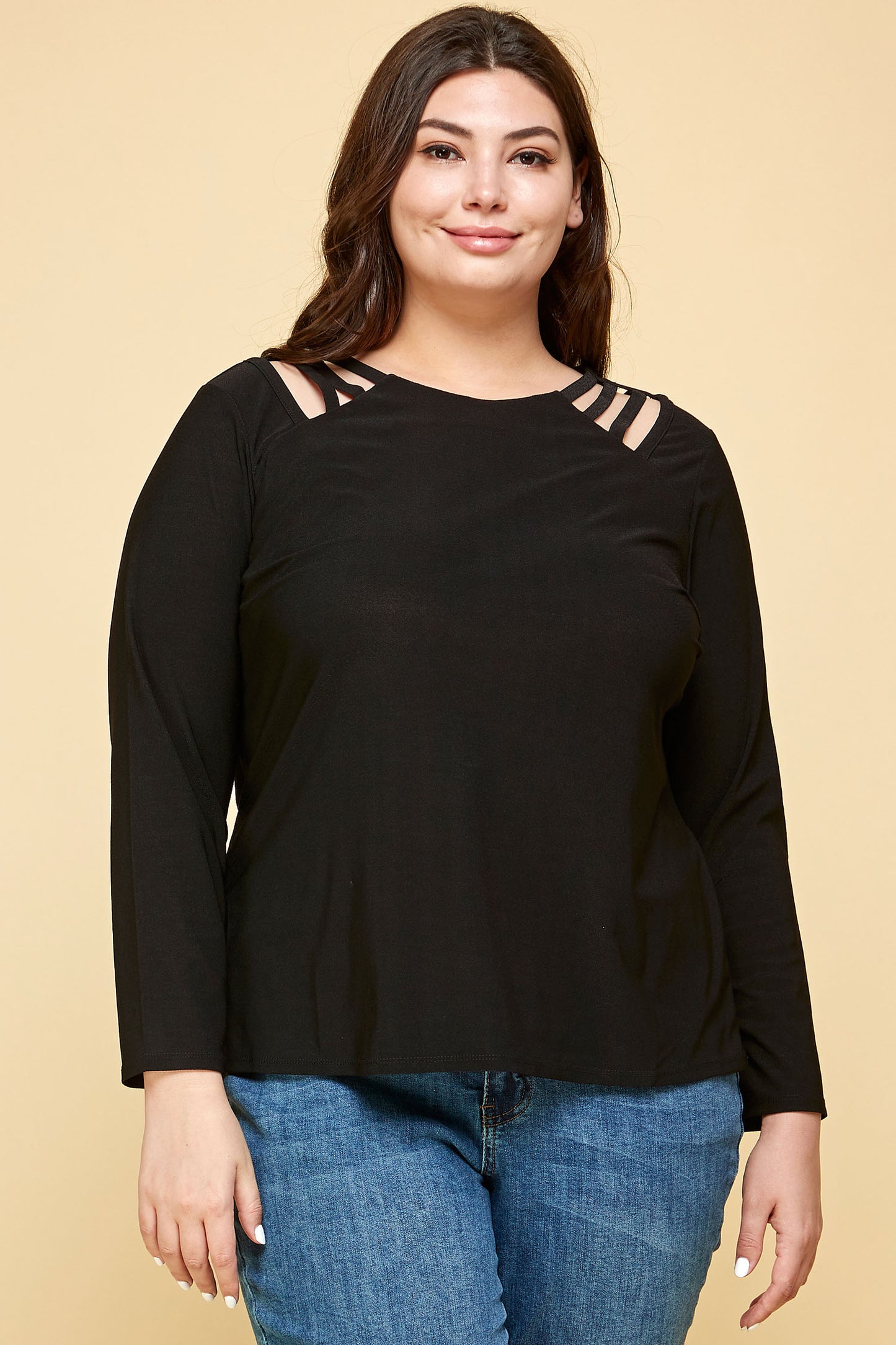PLUS SIZE LONG SLEEVE CAGE SHOULDER TOP