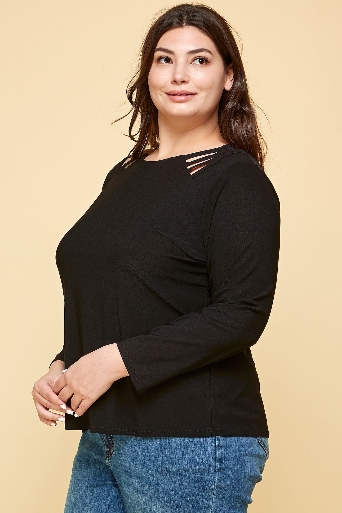 PLUS SIZE LONG SLEEVE BLACK CAGE SHOULDER TOP