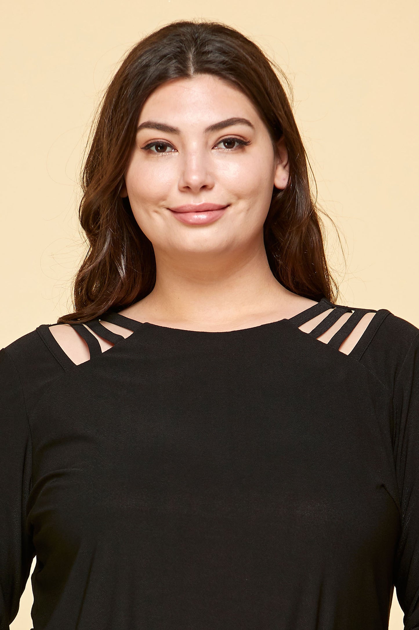 PLUS SIZE LONG SLEEVE BLACK CAGE SHOULDER TOP