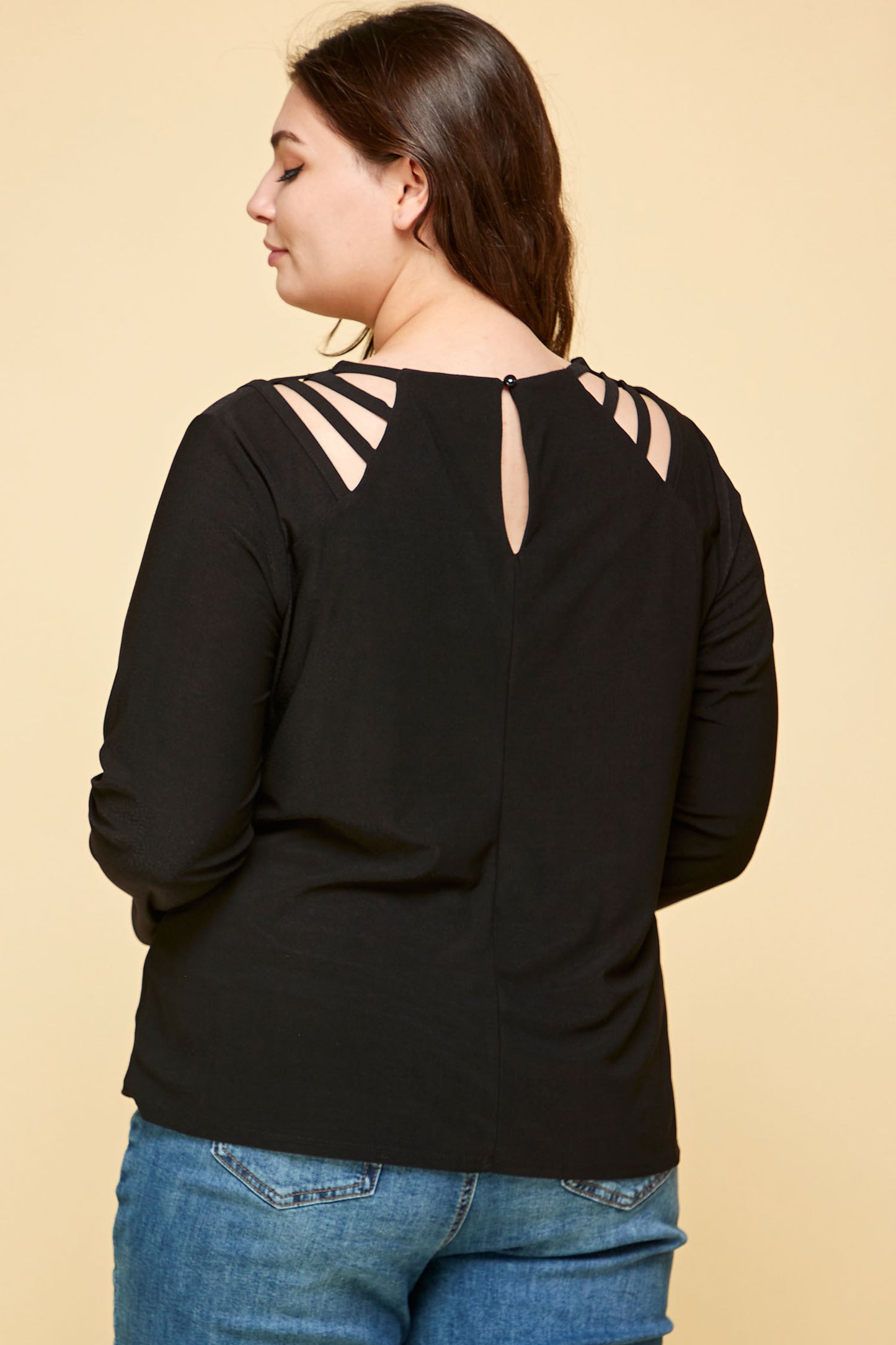 PLUS SIZE LONG SLEEVE BLACK CAGE SHOULDER TOP
