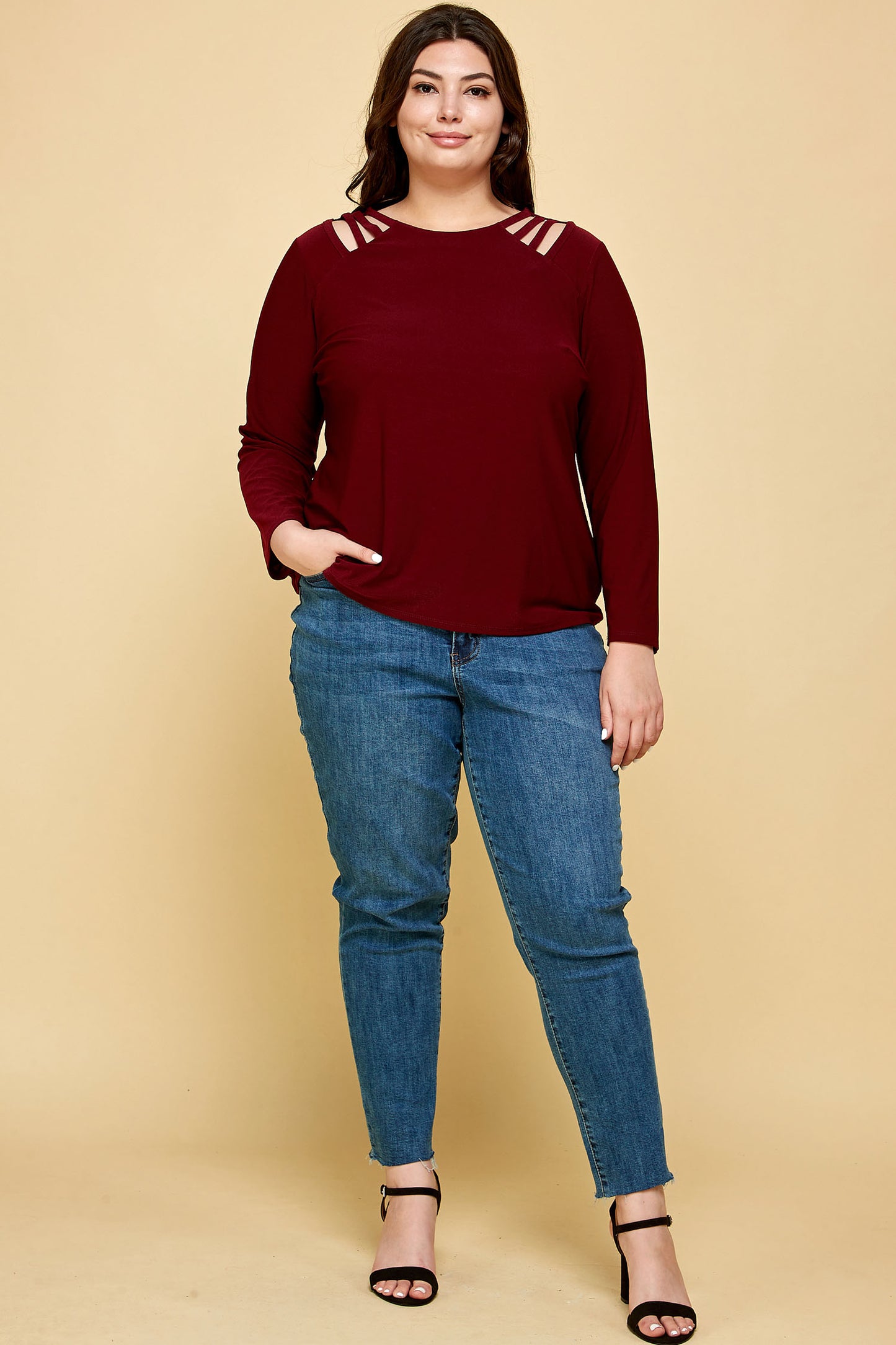 PLUS SIZE LONG SLEEVE BURGUNDY CAGE SHOULDER TOP
