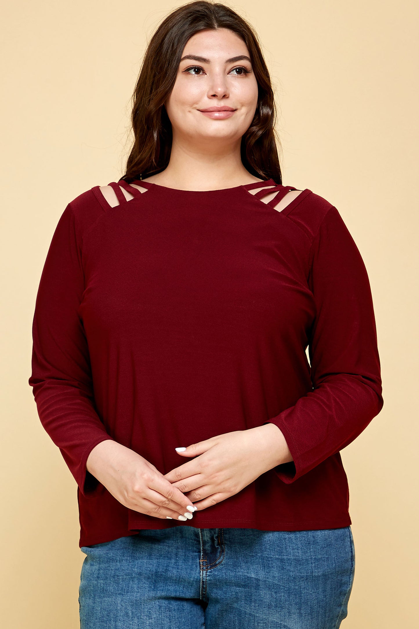 PLUS SIZE LONG SLEEVE BLACK CAGE SHOULDER TOP