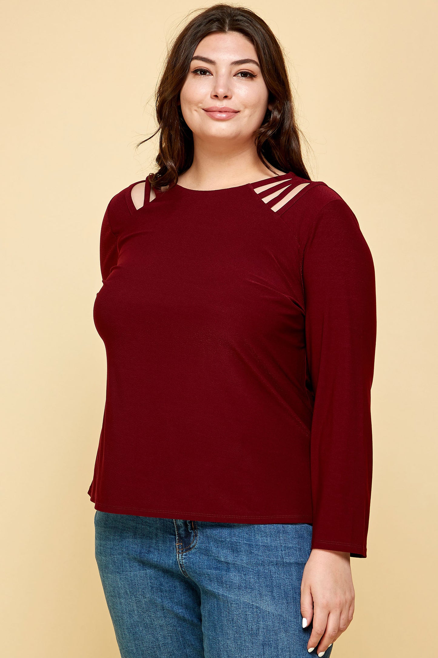 PLUS SIZE LONG SLEEVE BURGUNDY CAGE SHOULDER TOP