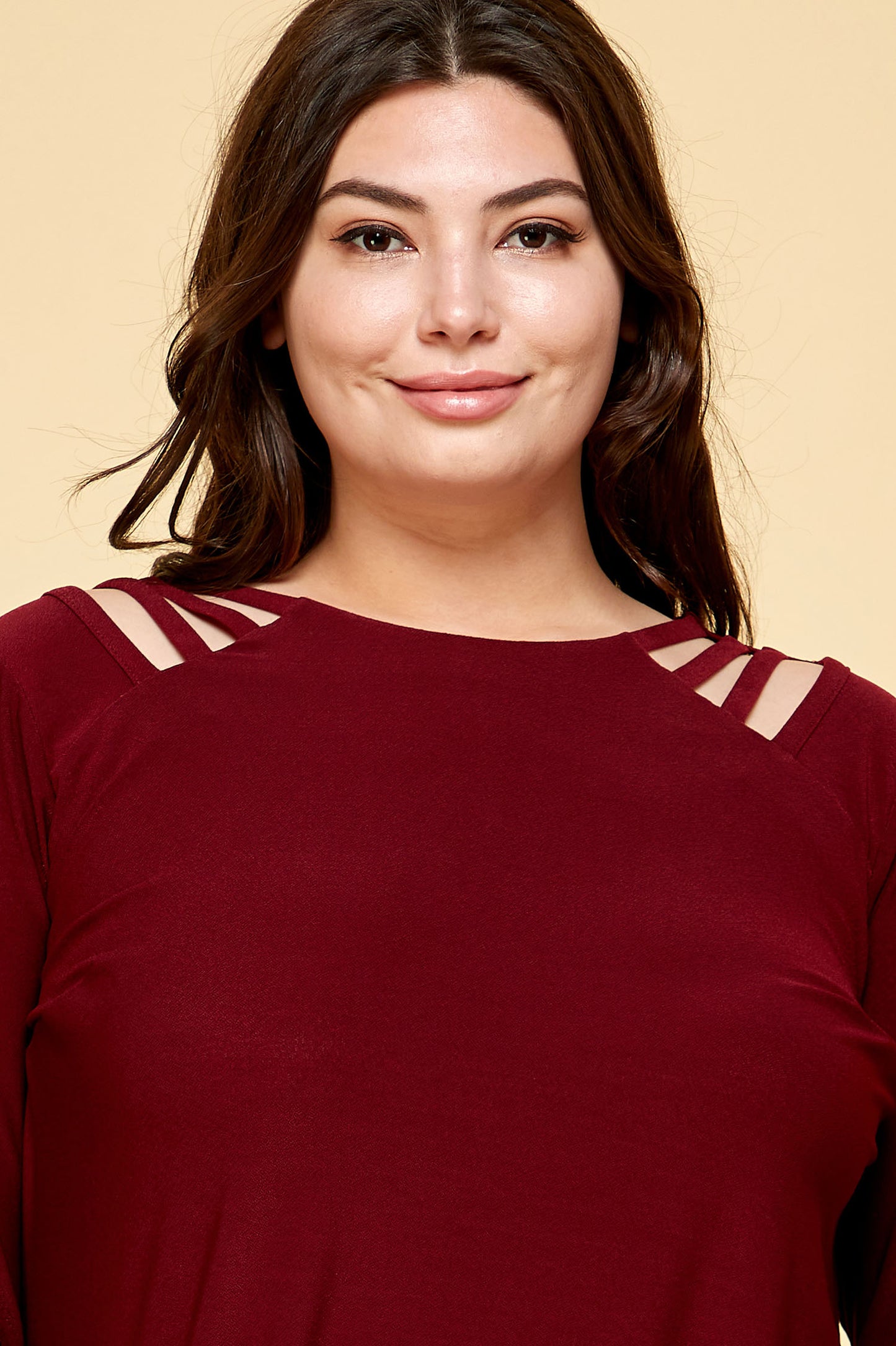 PLUS SIZE LONG SLEEVE BURGUNDY CAGE SHOULDER TOP