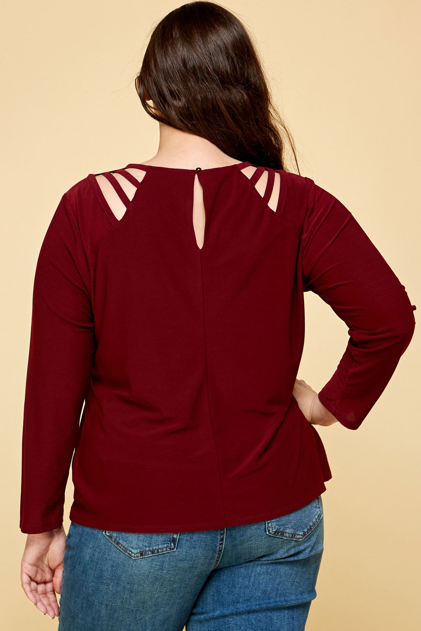 PLUS SIZE LONG SLEEVE BURGUNDY CAGE SHOULDER TOP