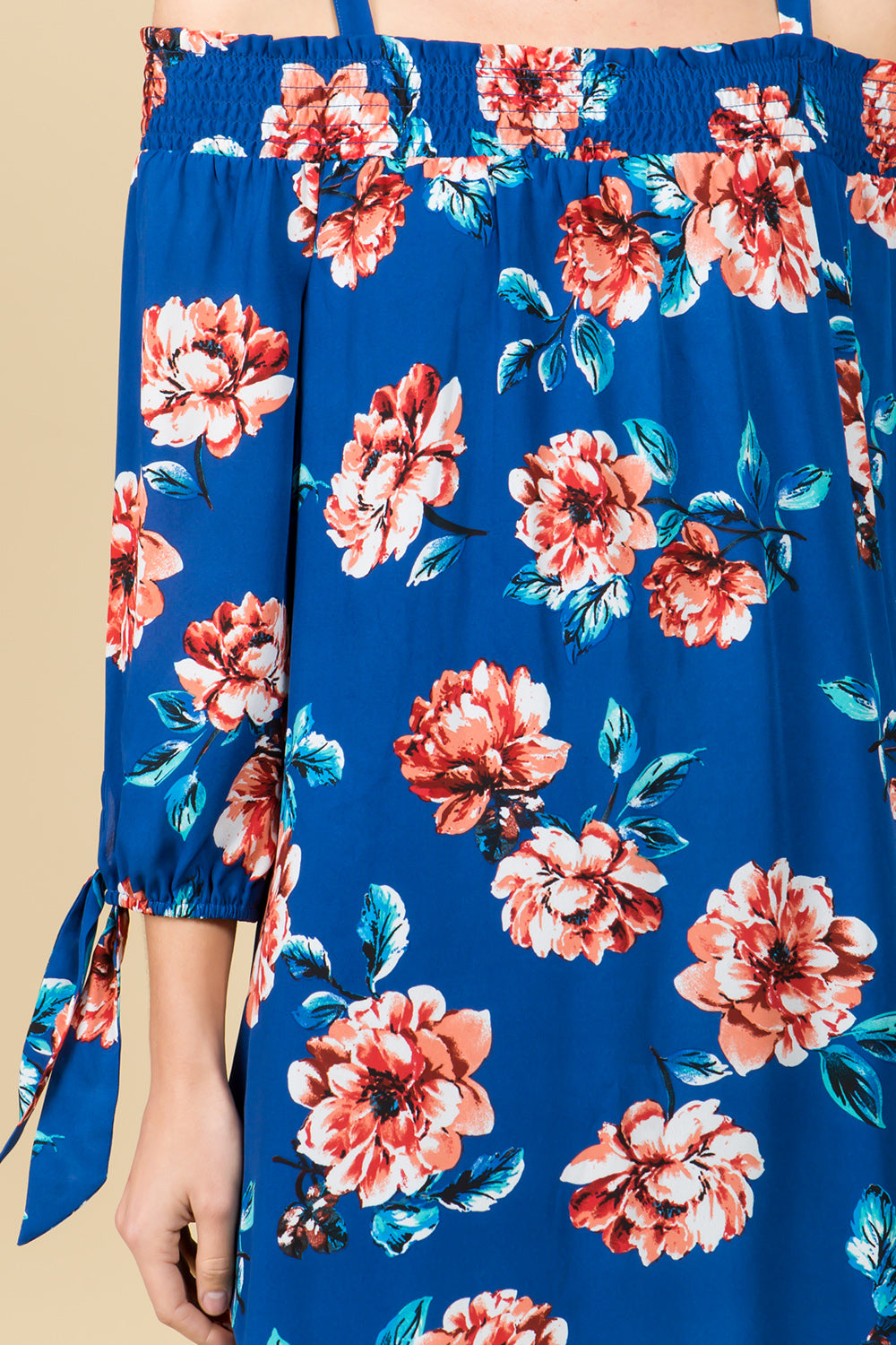 SMOCKED OFF SHOULDER FLORAL DRESS WITH ADJUSTABLE TIE STRAPS