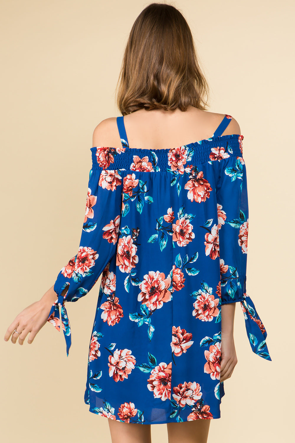 SMOCKED OFF SHOULDER FLORAL DRESS WITH ADJUSTABLE TIE STRAPS