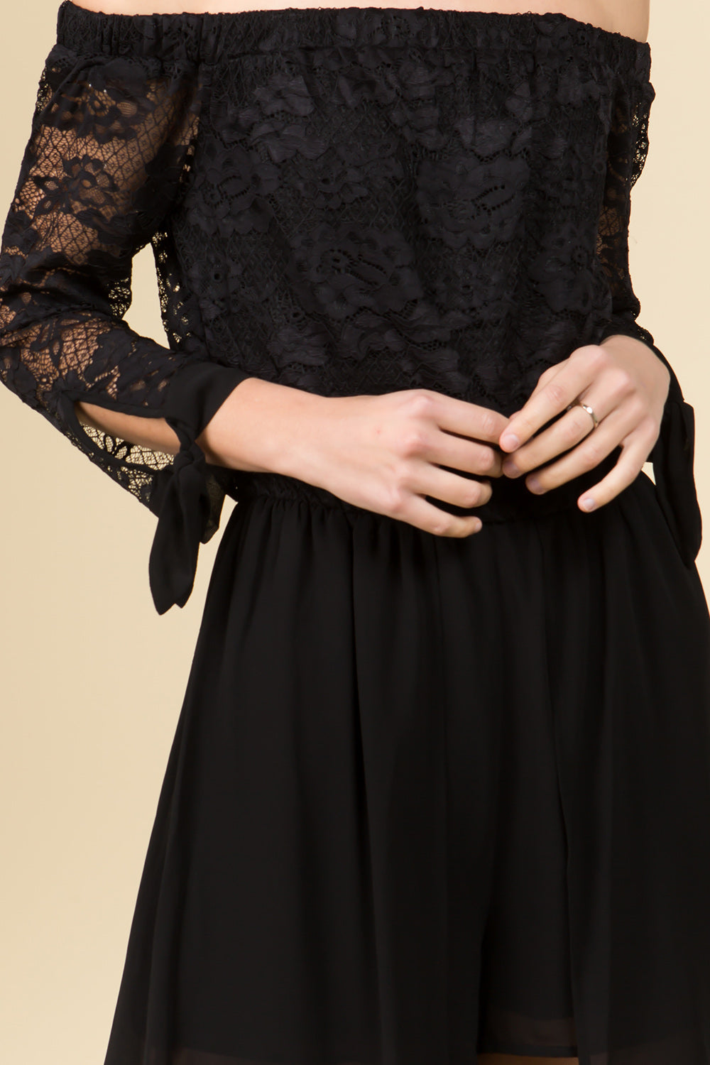 DROP SHOULDER LONG SLEEVE LACE MAXI ROMPER DRESS